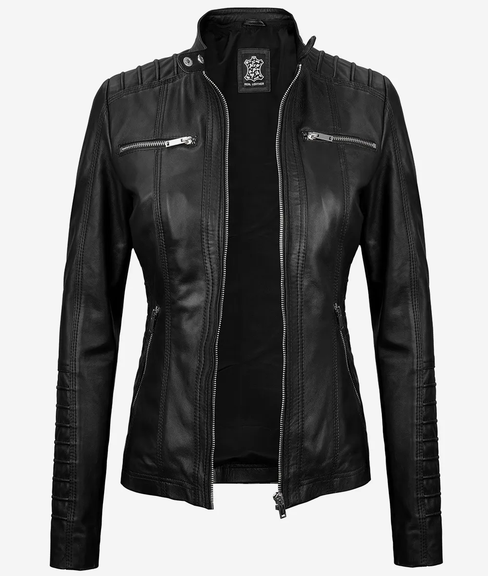 Helen Womens Tall Black Leather Jacket with Removable Hood