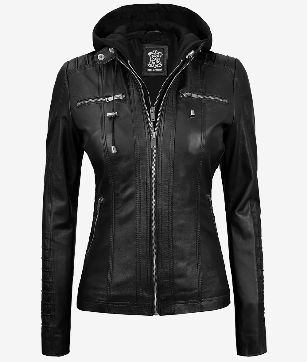 Helen Womens Tall Black Leather Jacket with Removable Hood