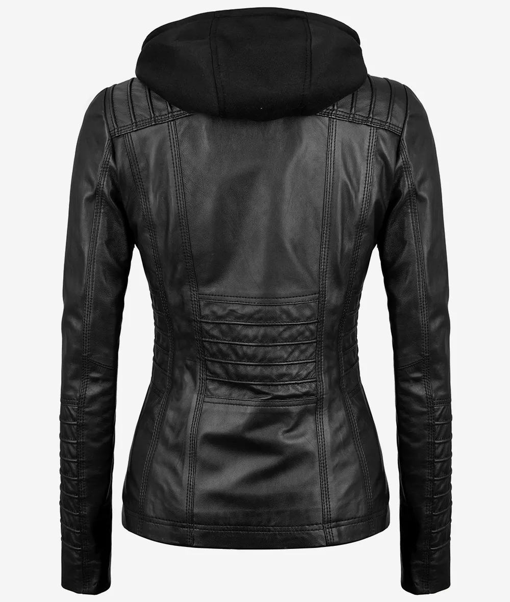 Helen Womens Tall Black Leather Jacket with Removable Hood