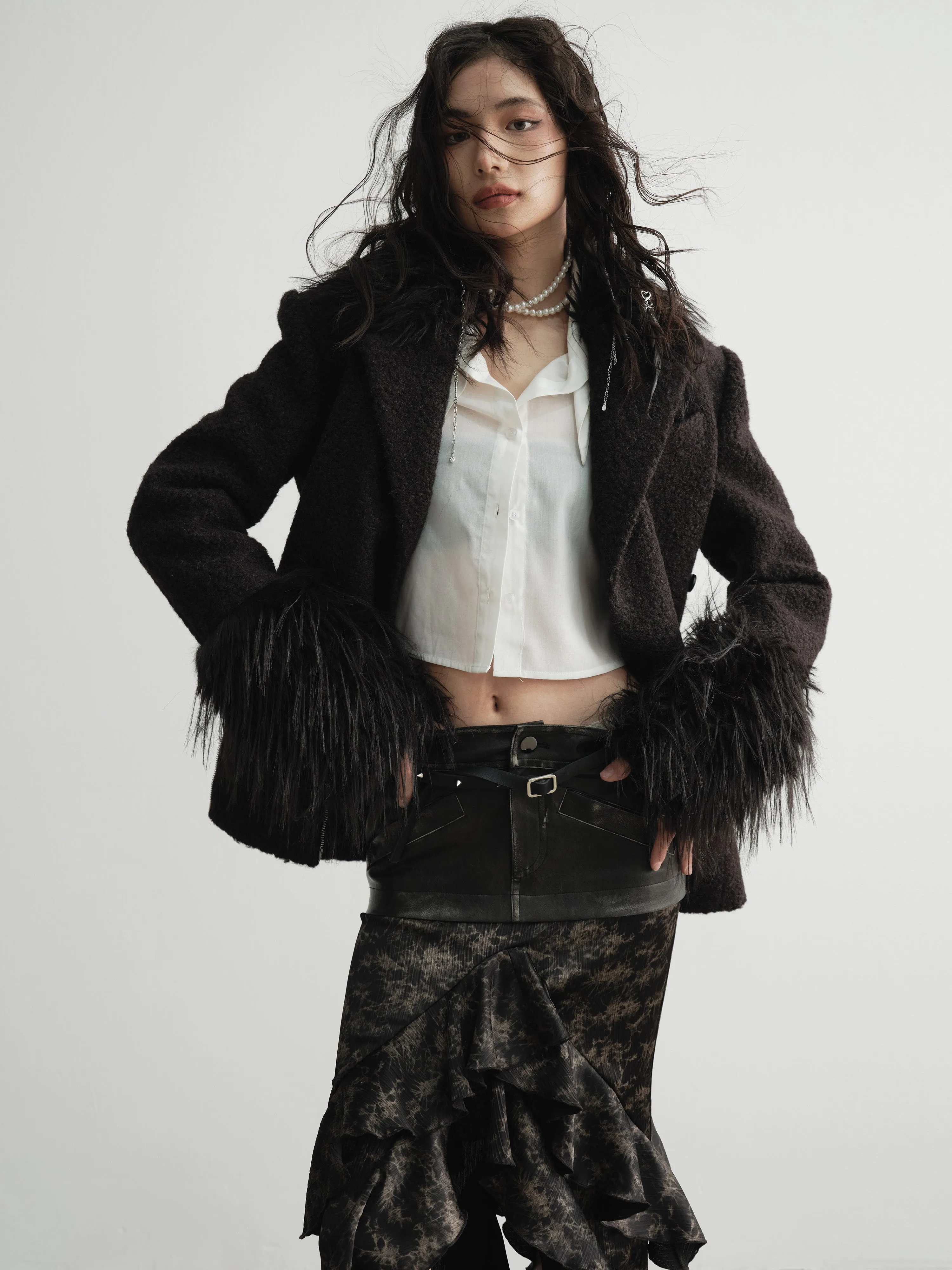 Imitation Fur Patchwork Oblique Placket Coat