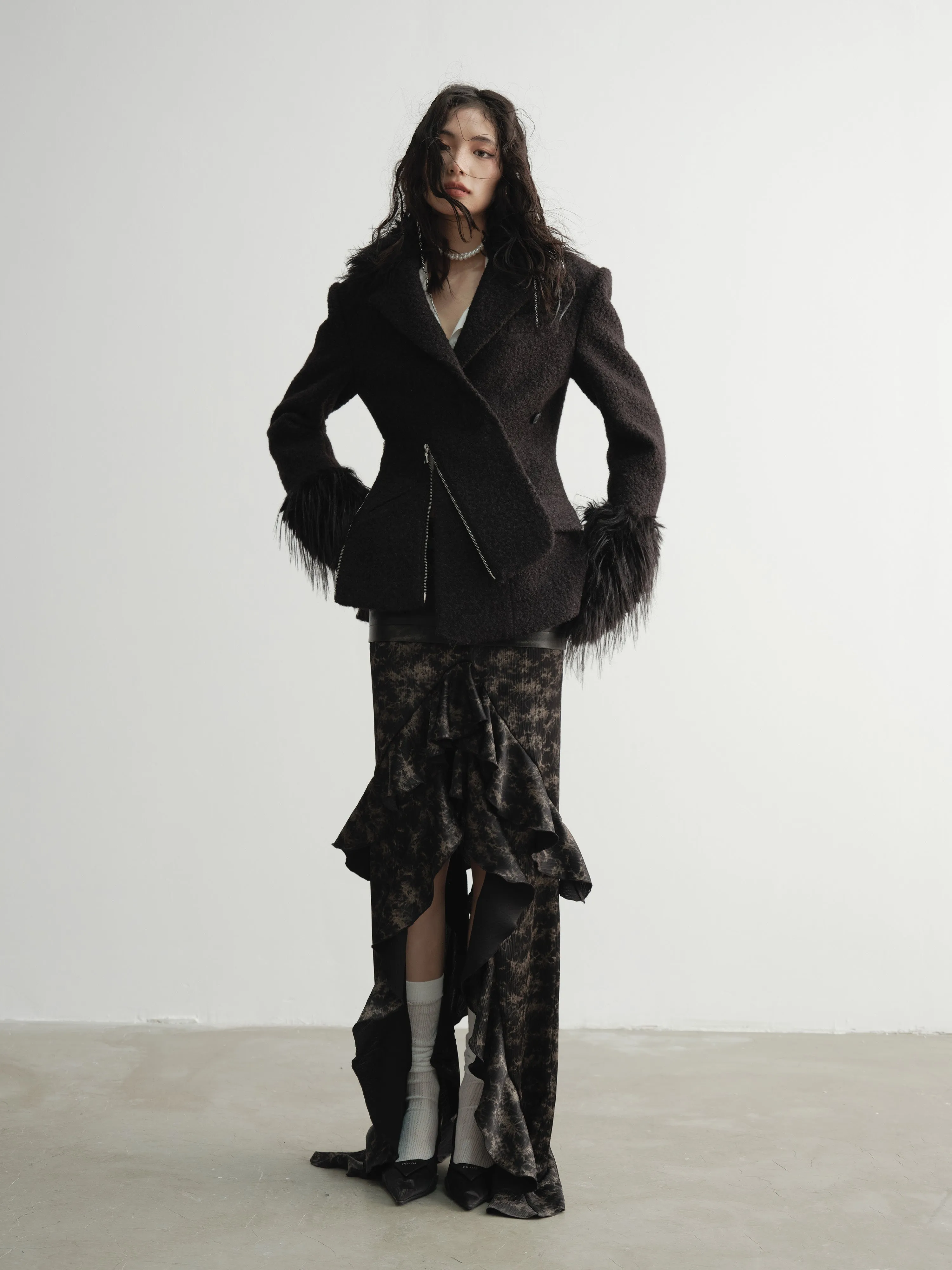 Imitation Fur Patchwork Oblique Placket Coat