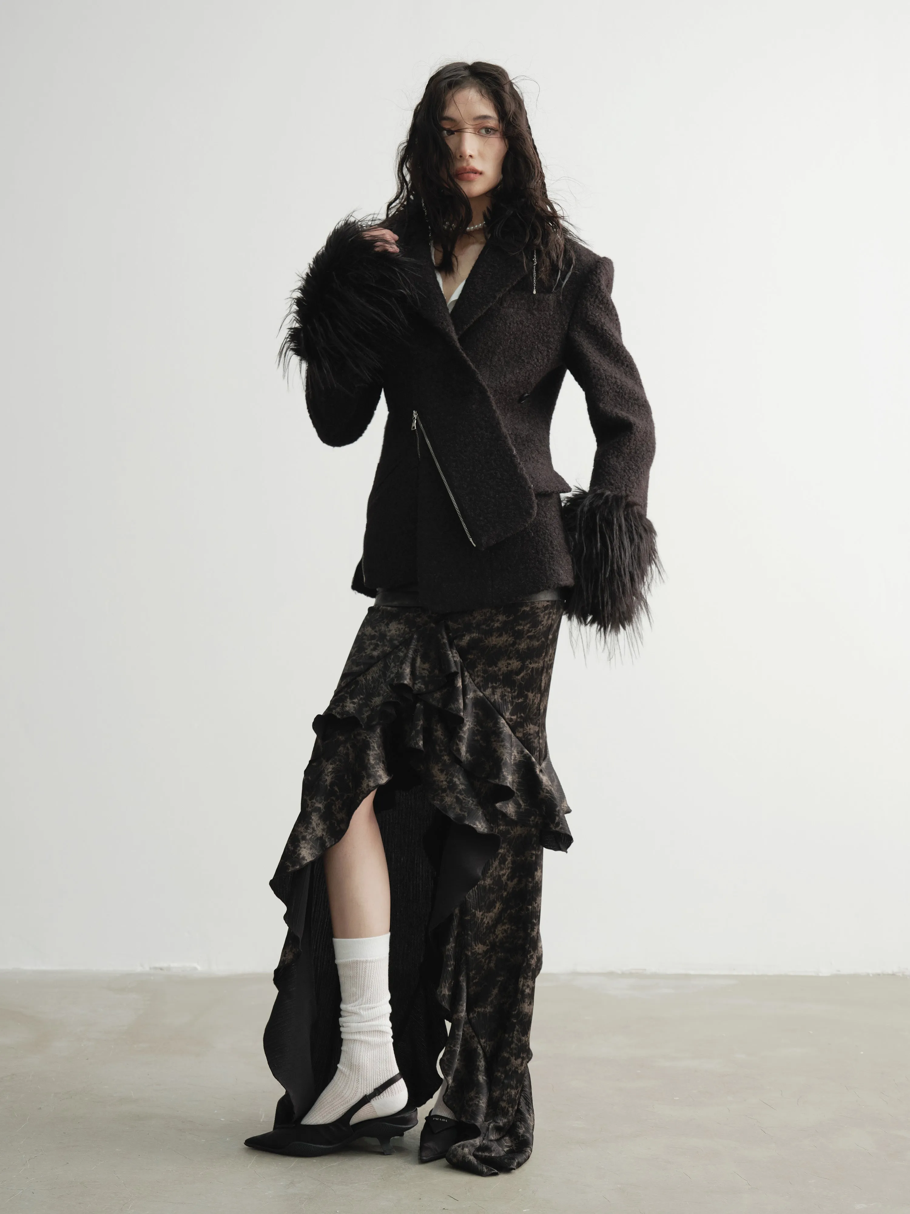 Imitation Fur Patchwork Oblique Placket Coat