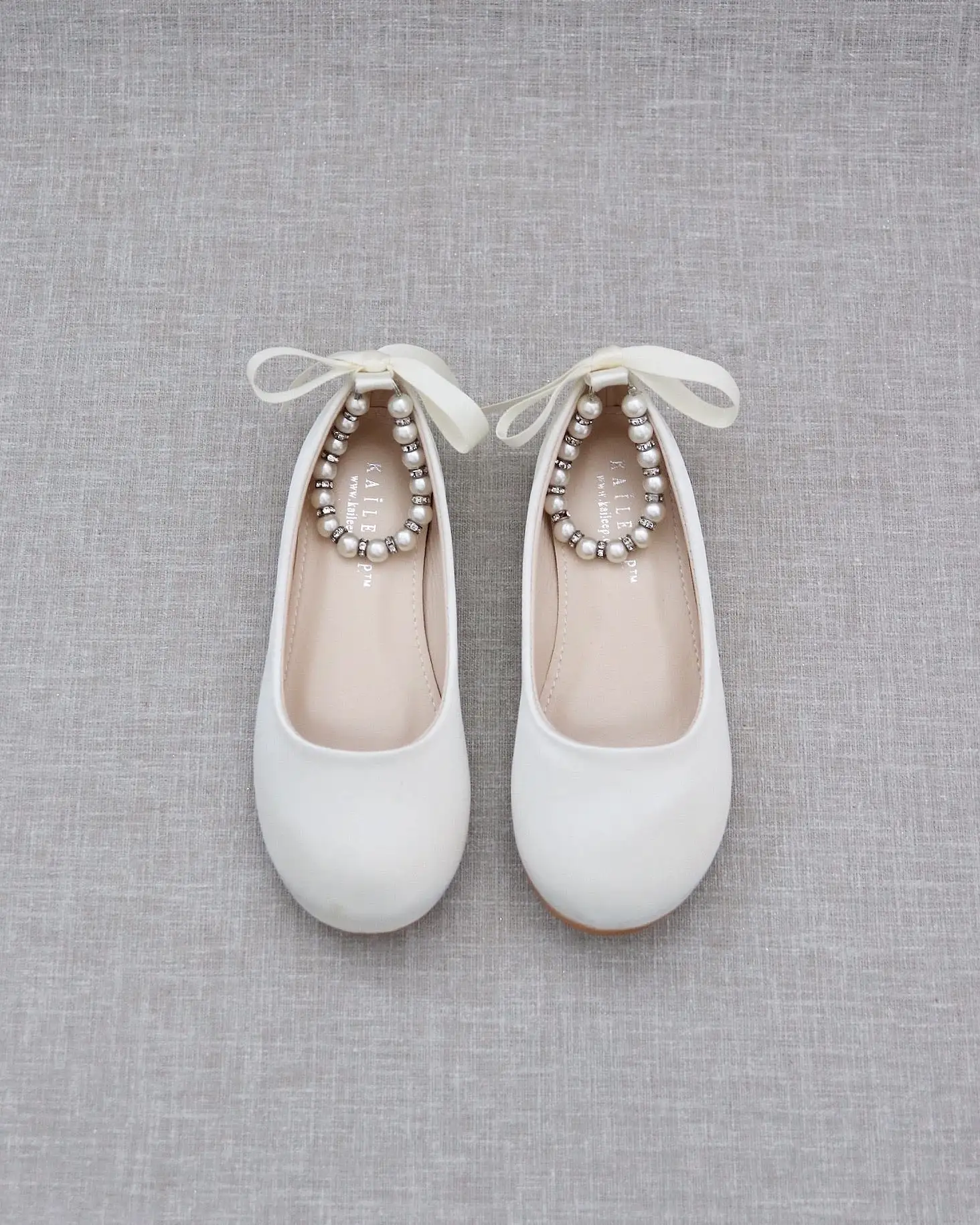 Ivory Satin Flats with Pearls Ankle Strap