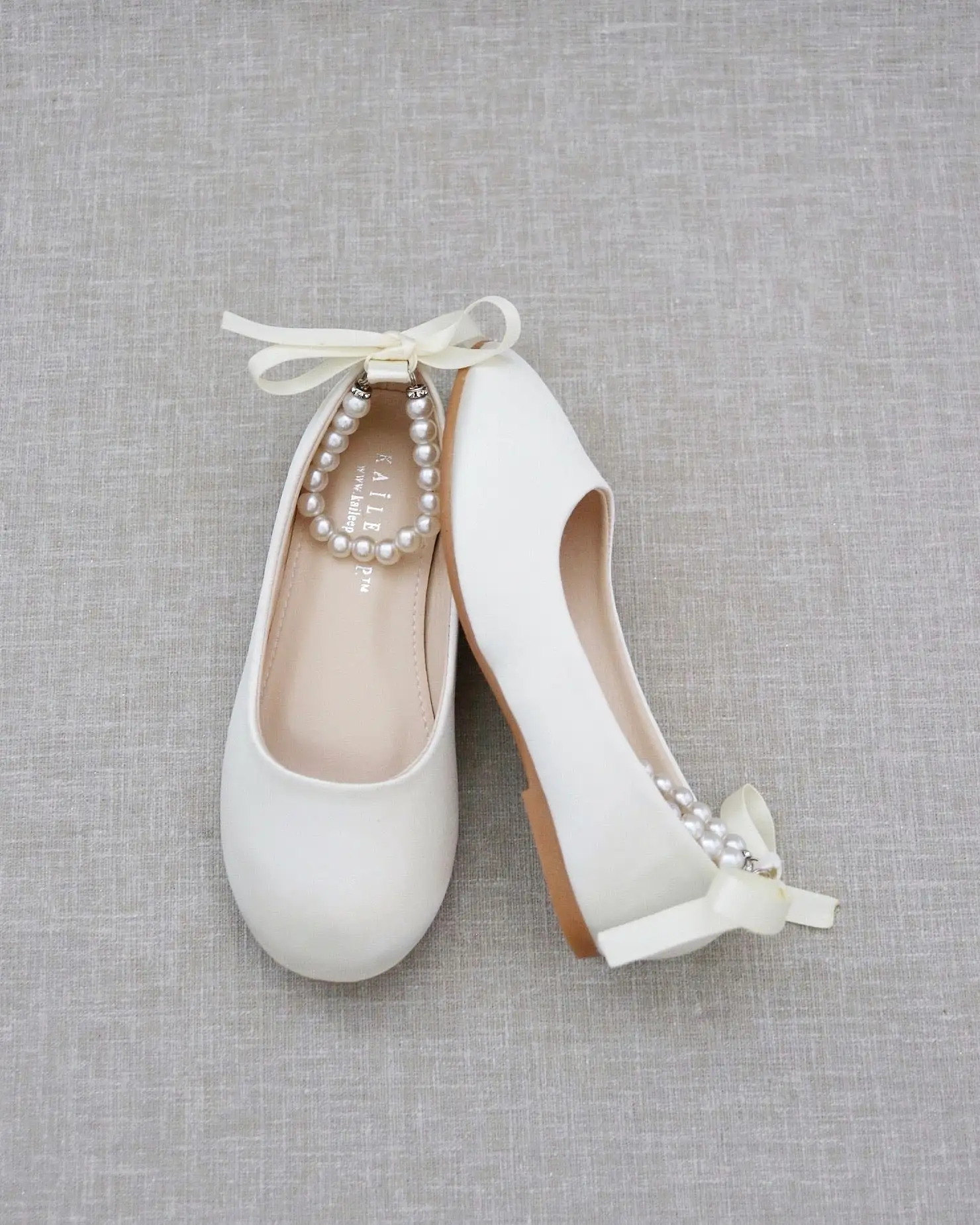 Ivory Satin Flats with Pearls Ankle Strap