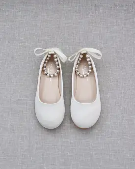 Ivory Satin Flats with Pearls Ankle Strap