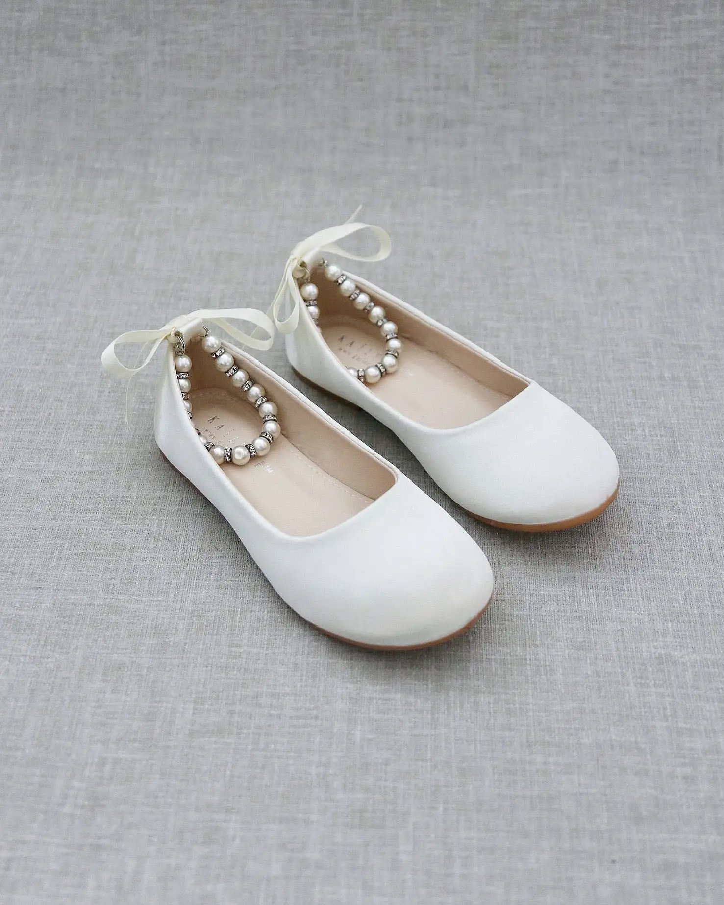 Ivory Satin Flats with Pearls Ankle Strap