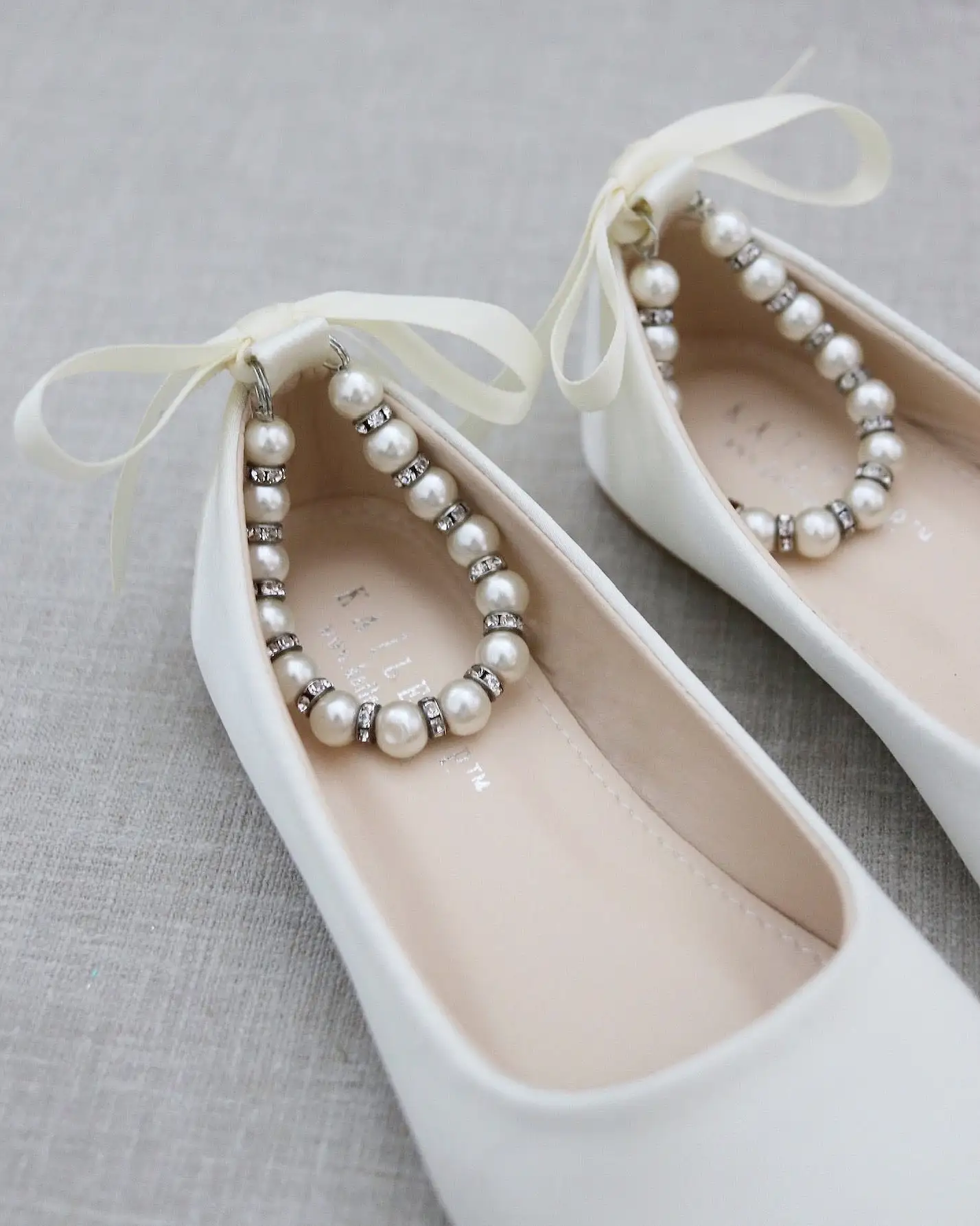 Ivory Satin Flats with Pearls Ankle Strap