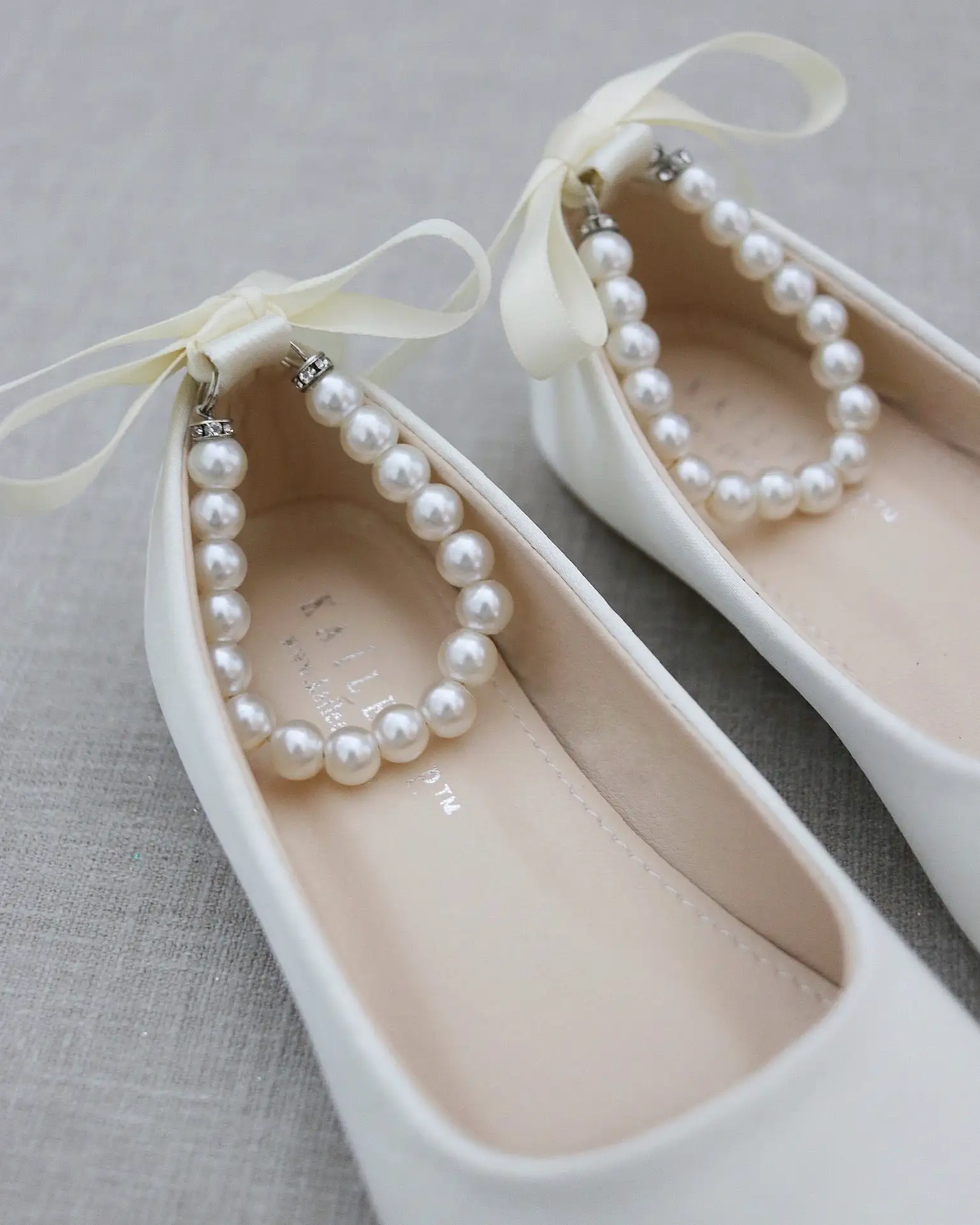 Ivory Satin Flats with Pearls Ankle Strap