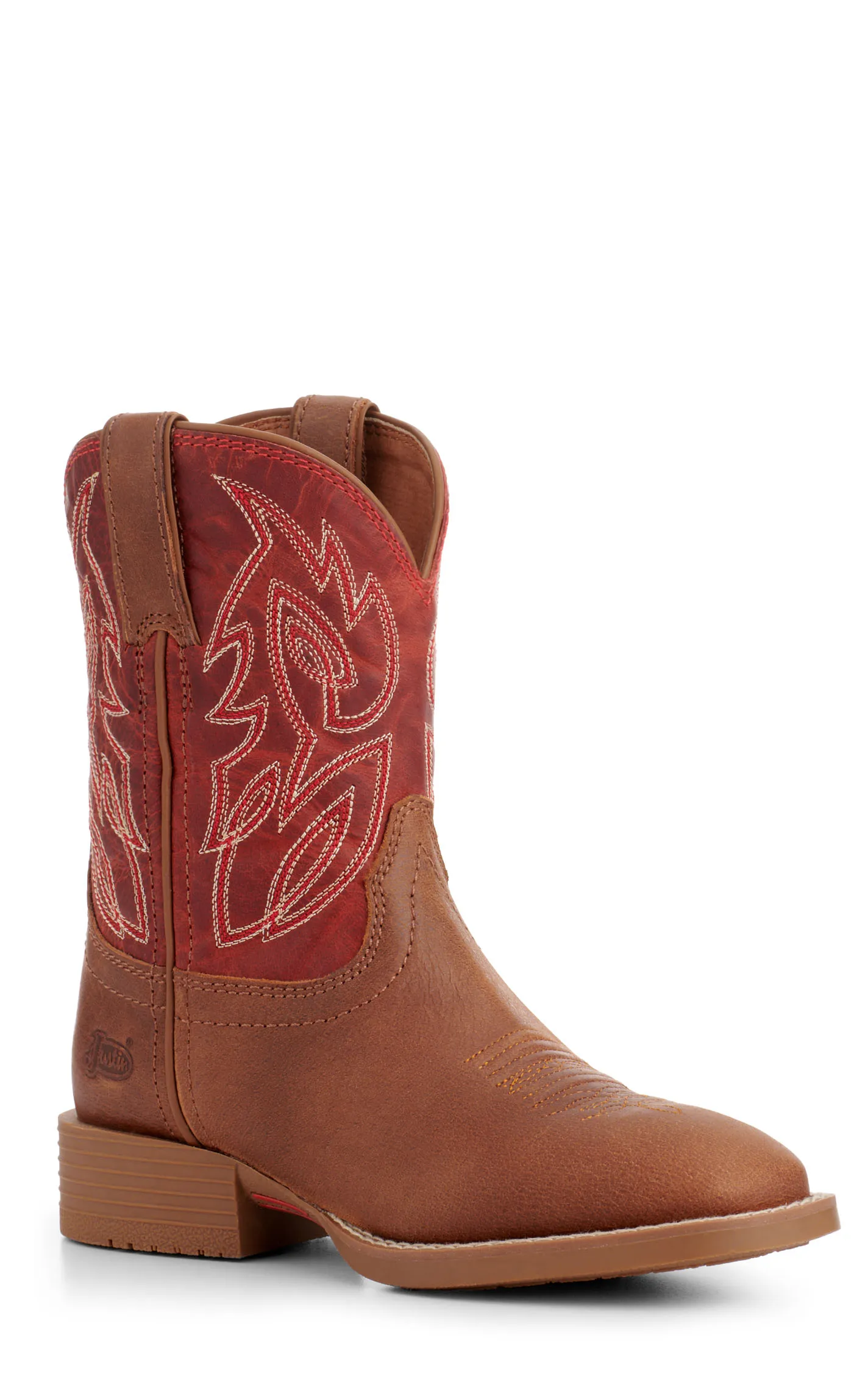 Justin Kids Canter Junior Cognac and Fire Red Wide Square Toe Cowboy Boots