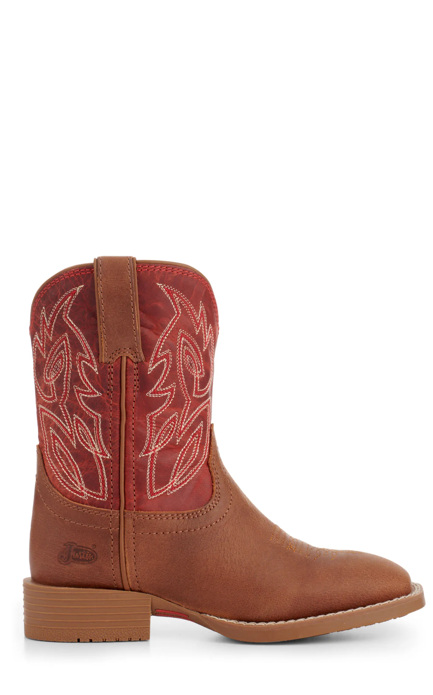 Justin Kids Canter Junior Cognac and Fire Red Wide Square Toe Cowboy Boots