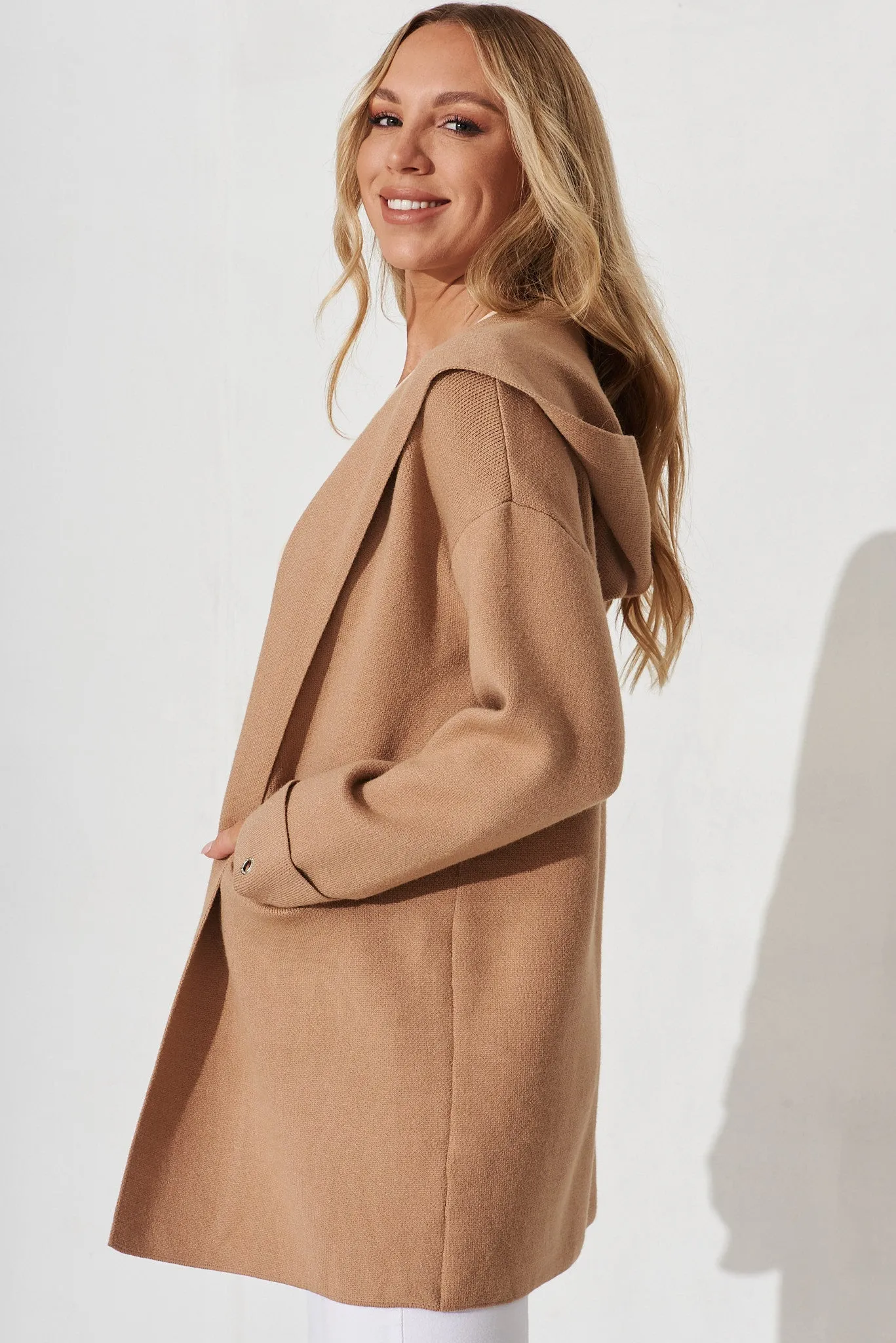 Leagrave Knit Hood Cardigan In Camel Wool Blend