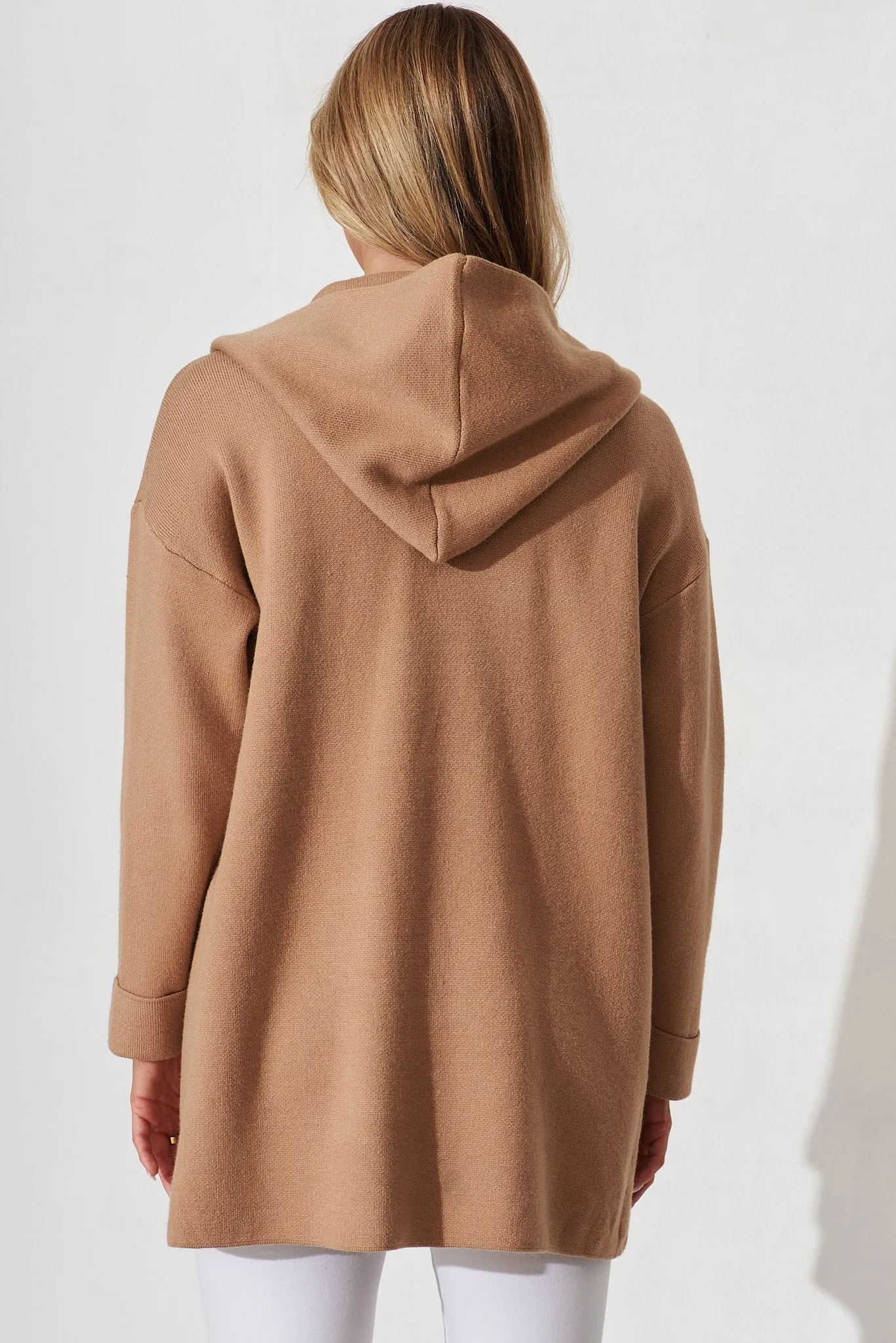 Leagrave Knit Hood Cardigan In Camel Wool Blend