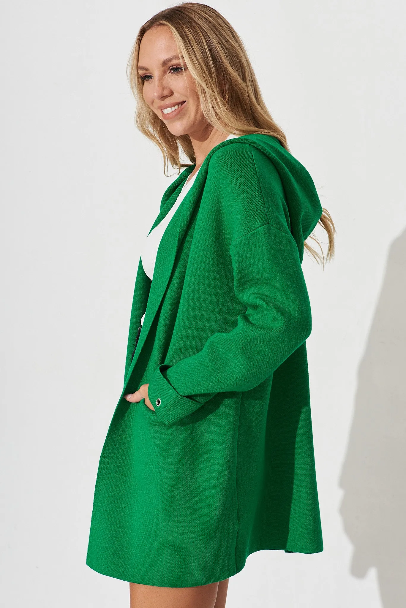 Leagrave Knit Hood Cardigan In Green Wool Blend