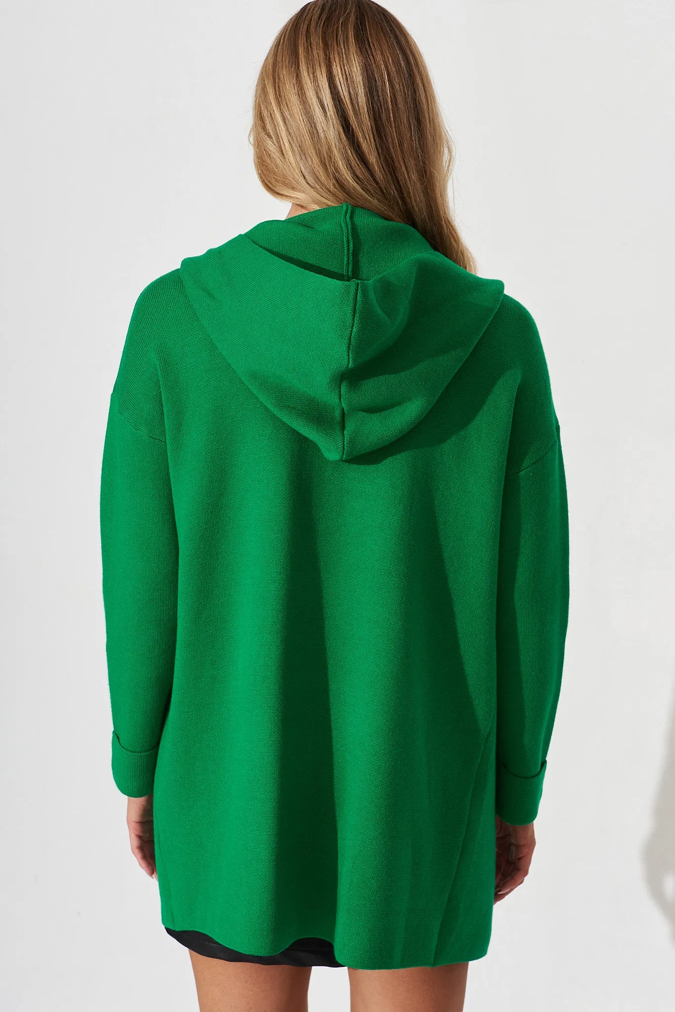 Leagrave Knit Hood Cardigan In Green Wool Blend