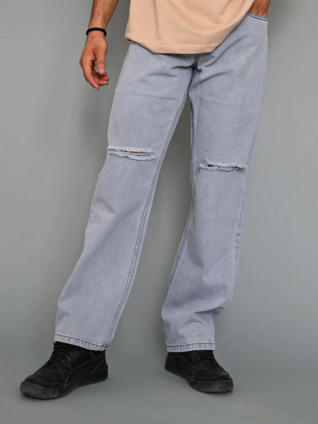 Light Grey Knee Cut Mens Jeans