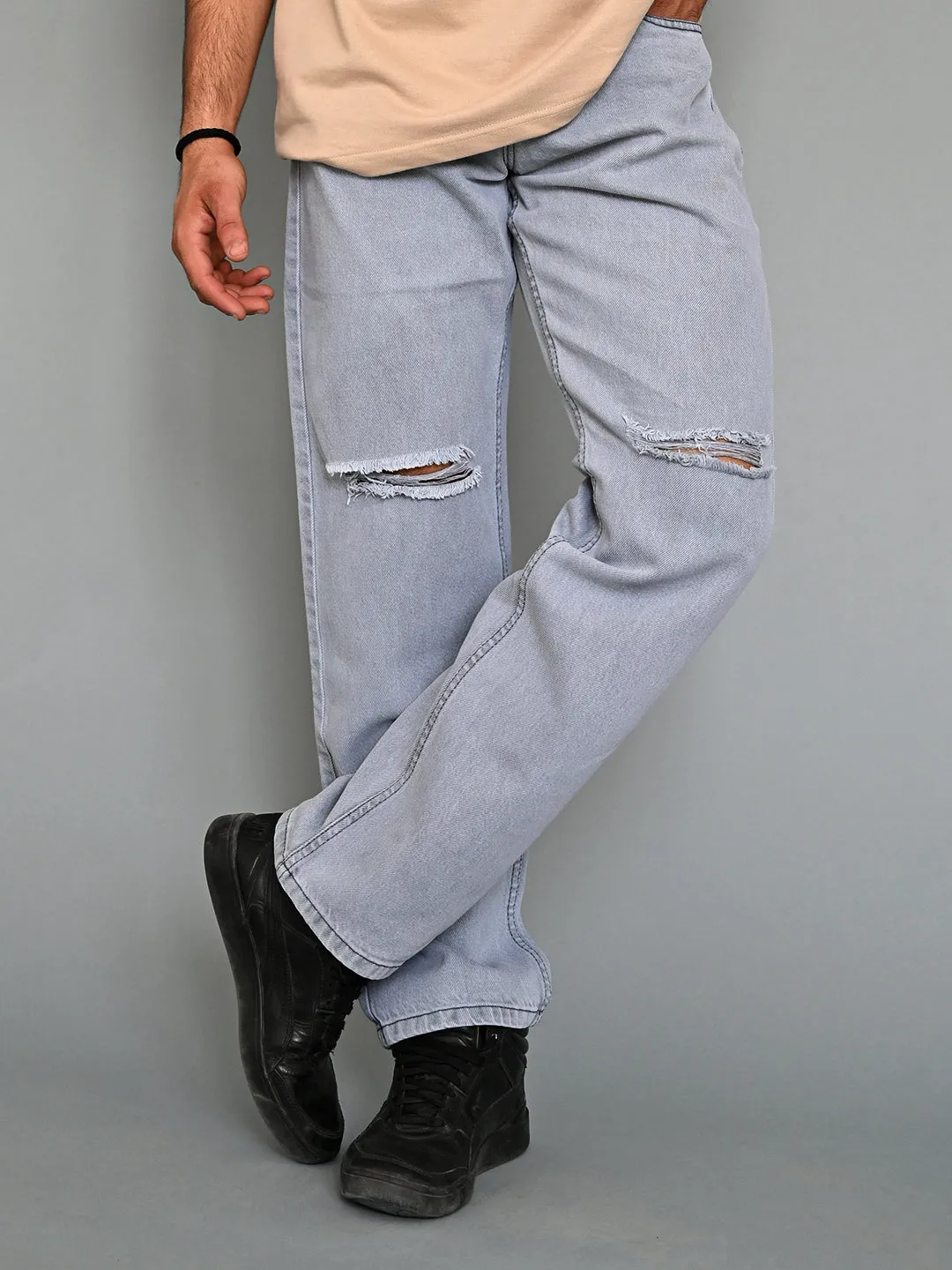 Light Grey Knee Cut Mens Jeans