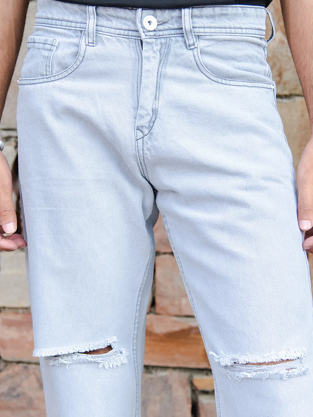 Light Grey Knee Cut Mens Jeans