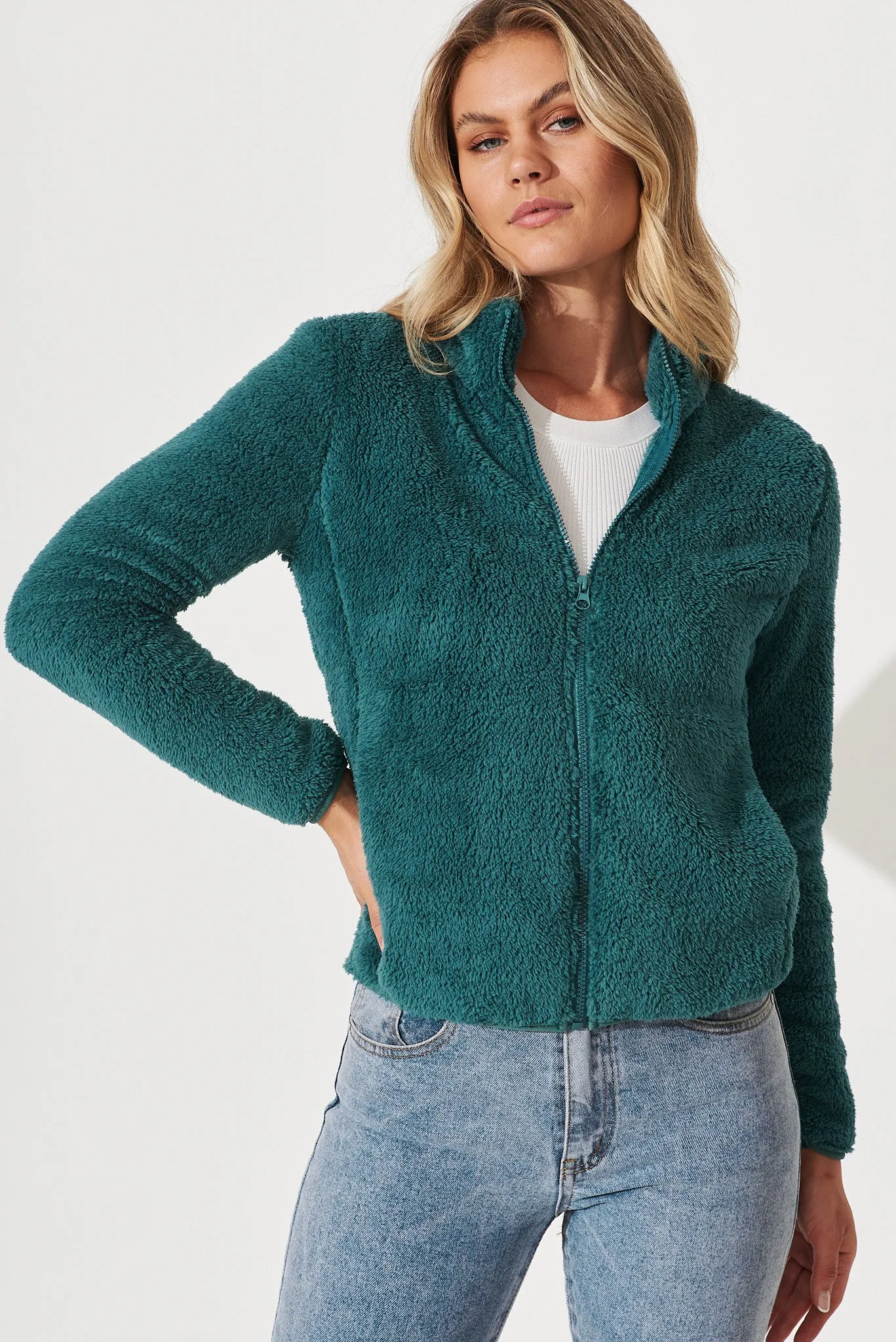 Linea Fluffy Jacket In Teal