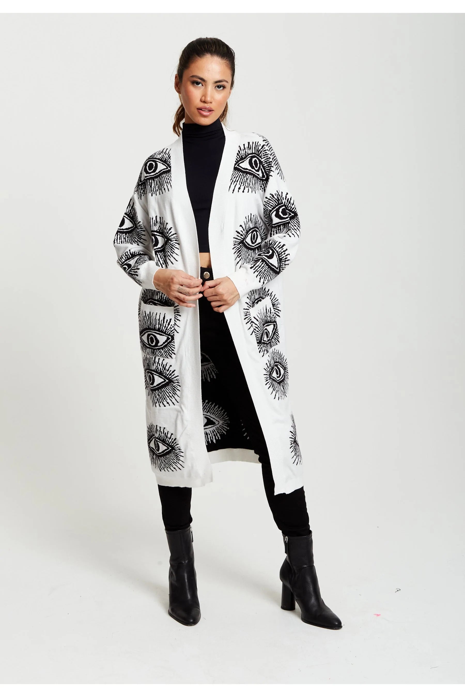 Liquorish Eye Pattern Longline Cardigan