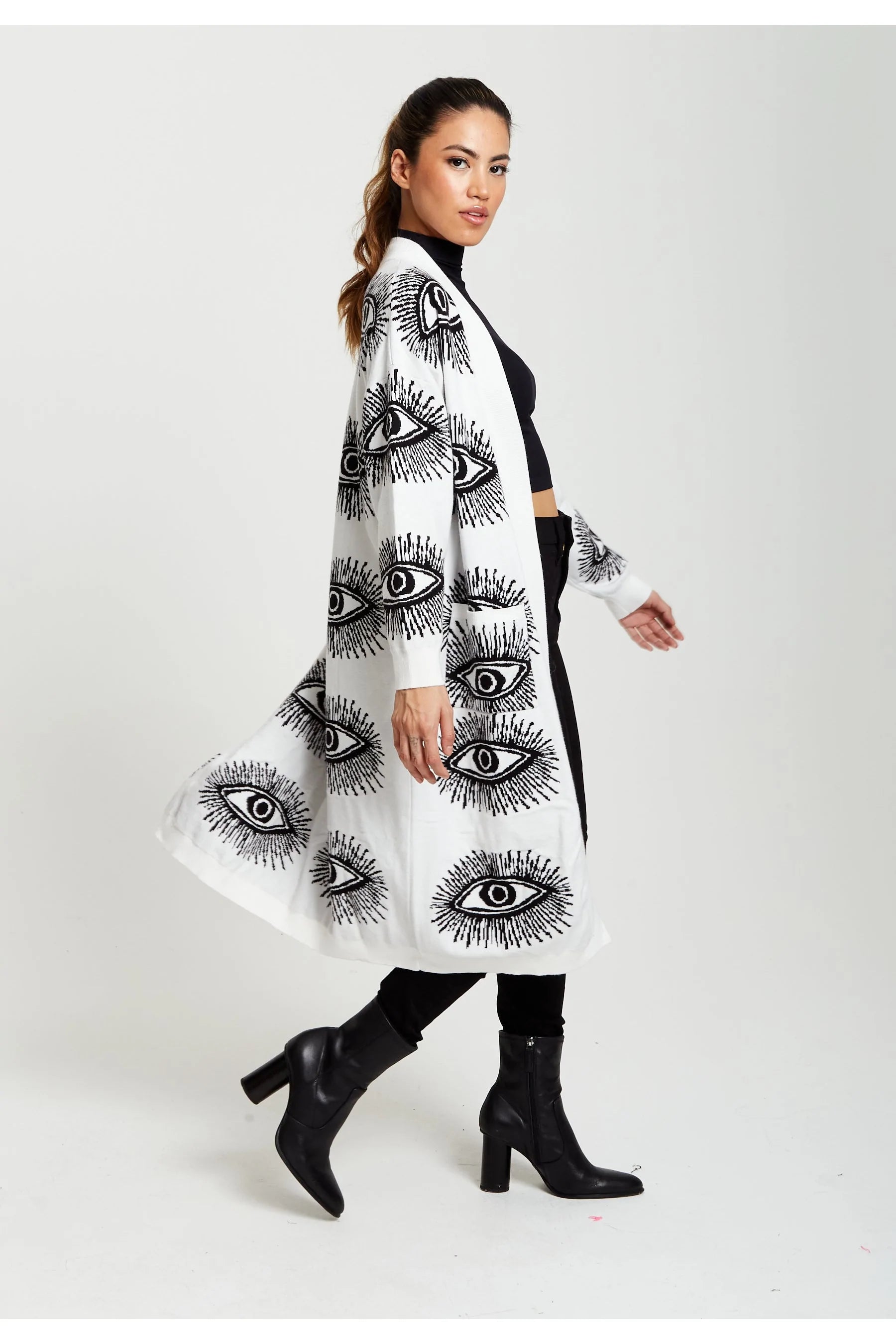 Liquorish Eye Pattern Longline Cardigan