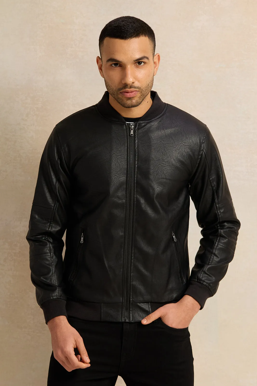 Men Black PU Bomber Jacket