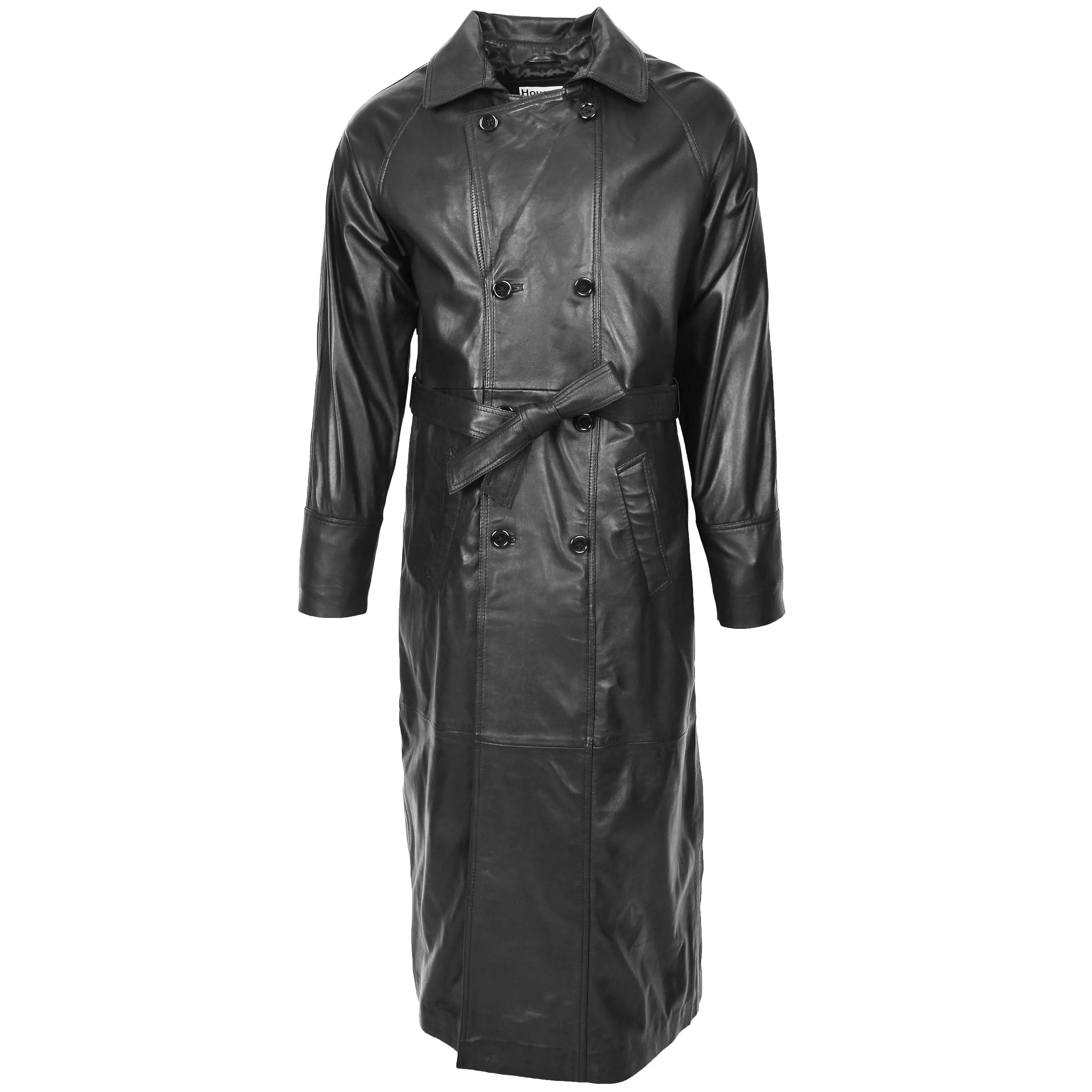 Mens Full Length Double Breasted Leather Coat Pete Black