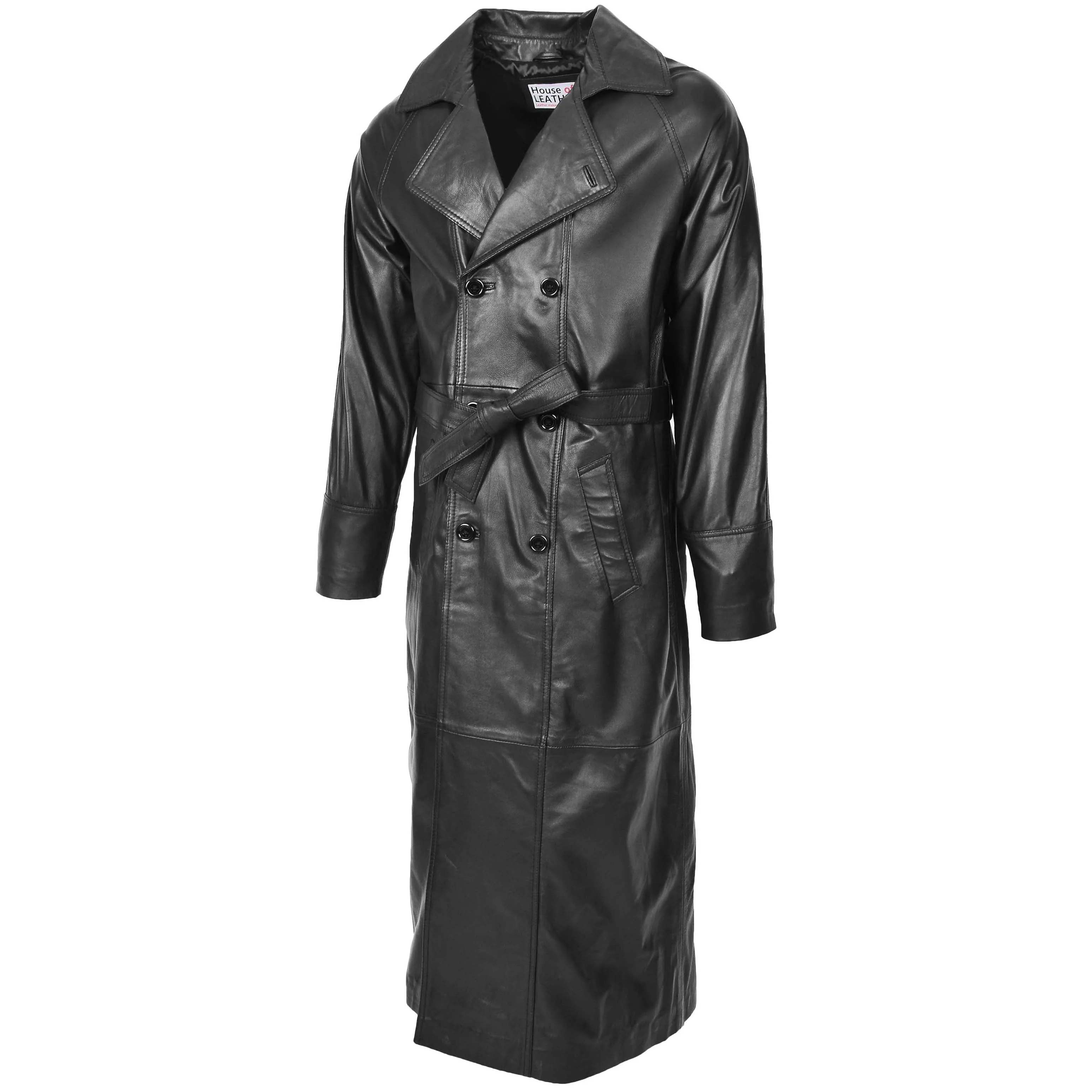 Mens Full Length Double Breasted Leather Coat Pete Black