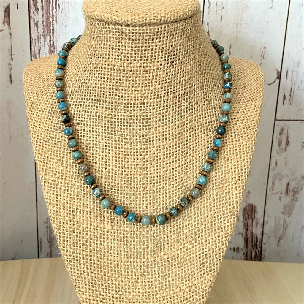 Mens Teal Impression Jasper and Brown Wood Necklace