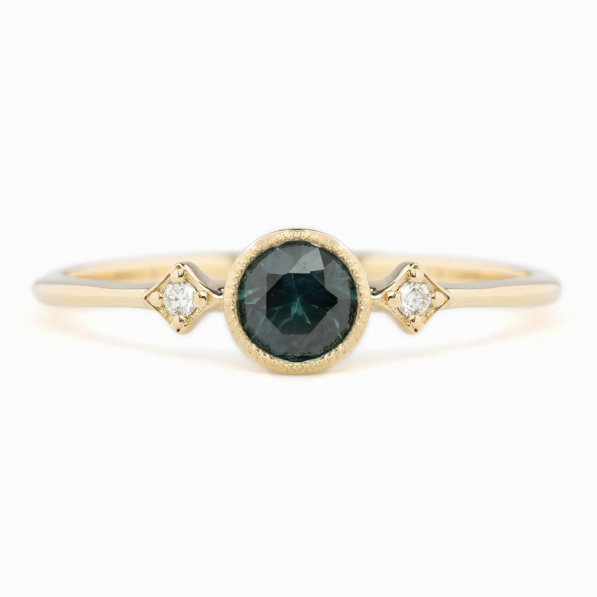 Moon & Star Ring 4.5mm 0.45ct Deep teal blue Queensland Sapphire 14K Yellow Gold