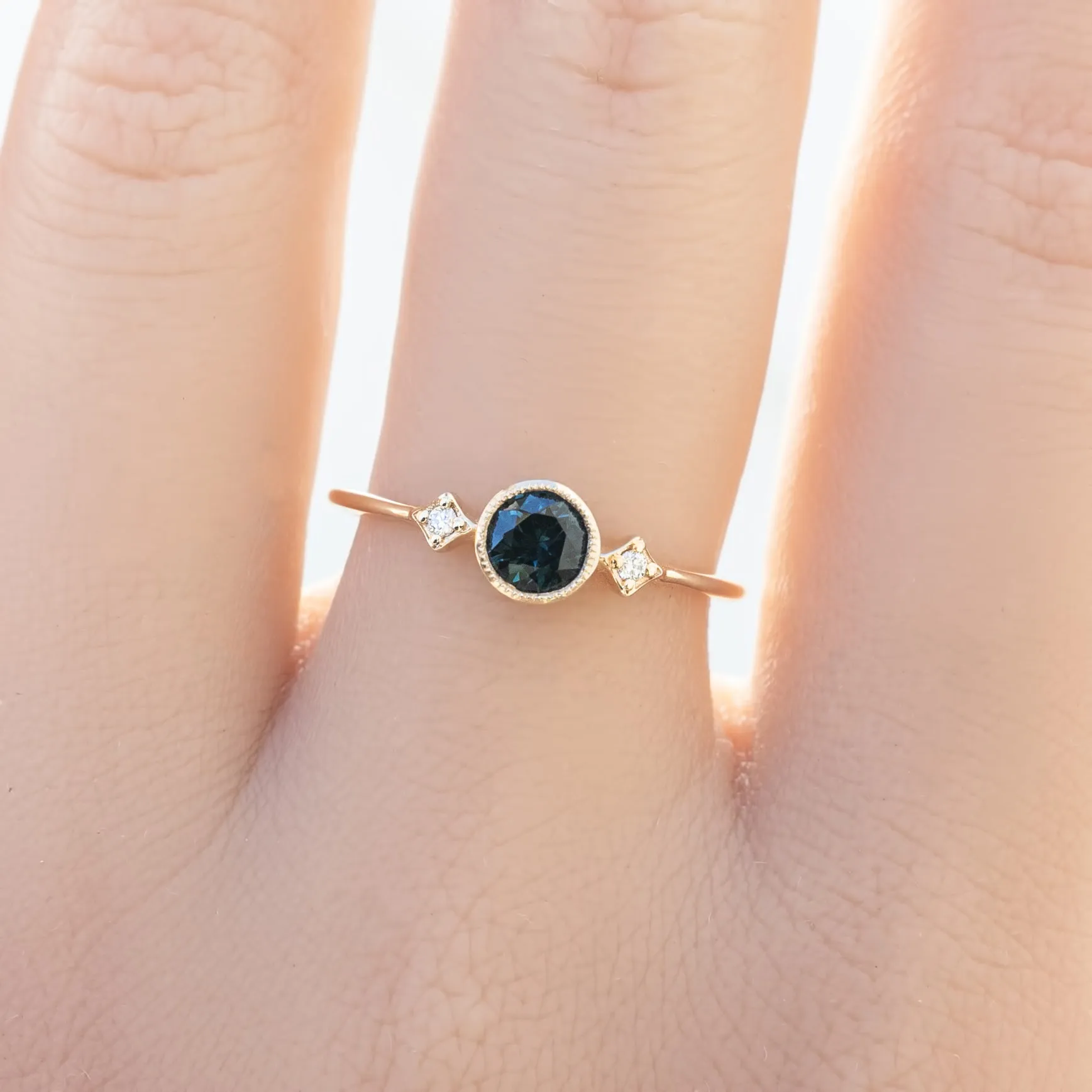 Moon & Star Ring 4.5mm 0.45ct Deep teal blue Queensland Sapphire 14K Yellow Gold