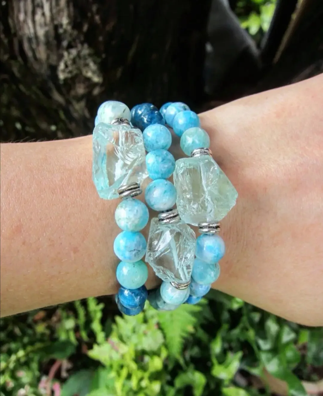 Natural Teal Blue Hemimorphite, Apatite and Blue Quartz Mala Bracelet