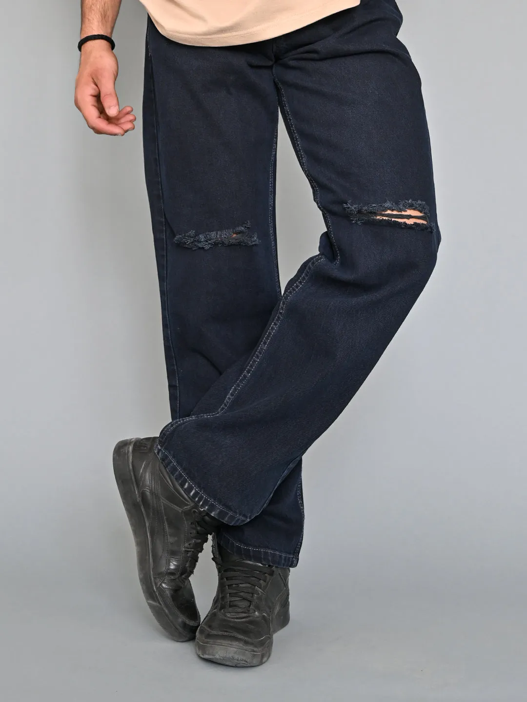 Navy Blue Knee Cut Mens Jeans