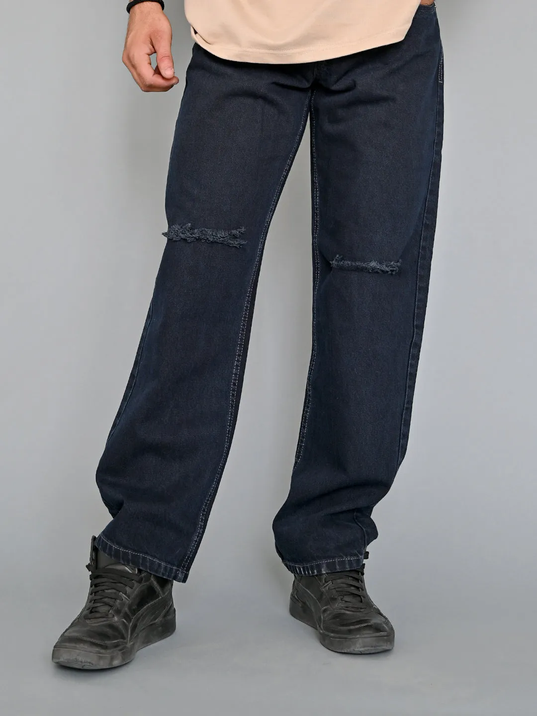 Navy Blue Knee Cut Mens Jeans