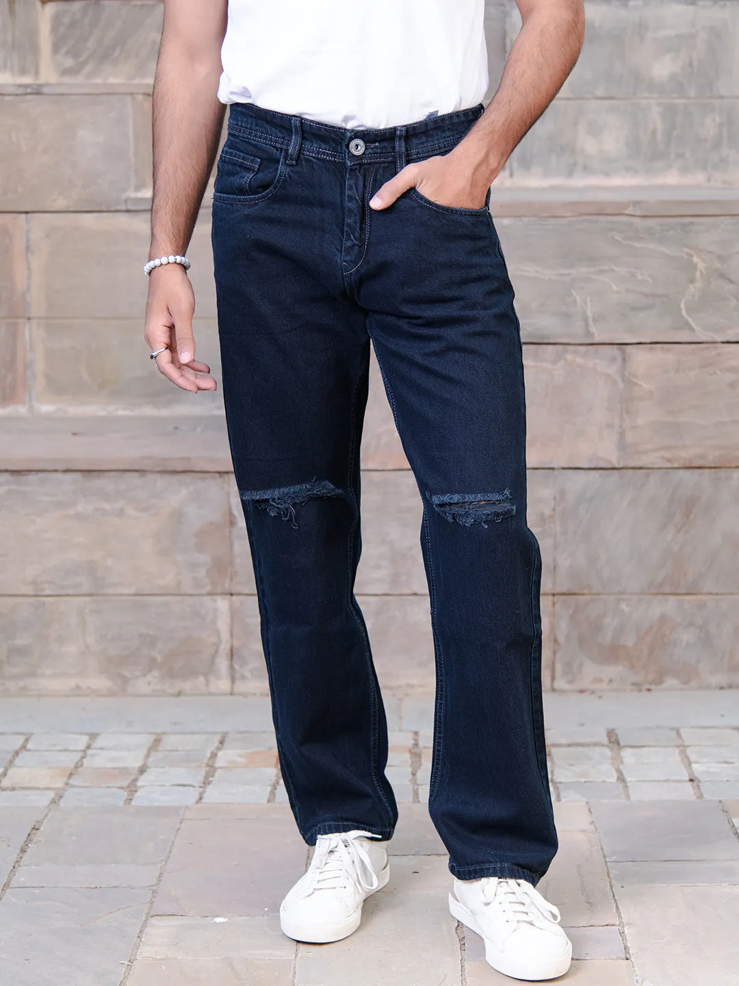 Navy Blue Knee Cut Mens Jeans