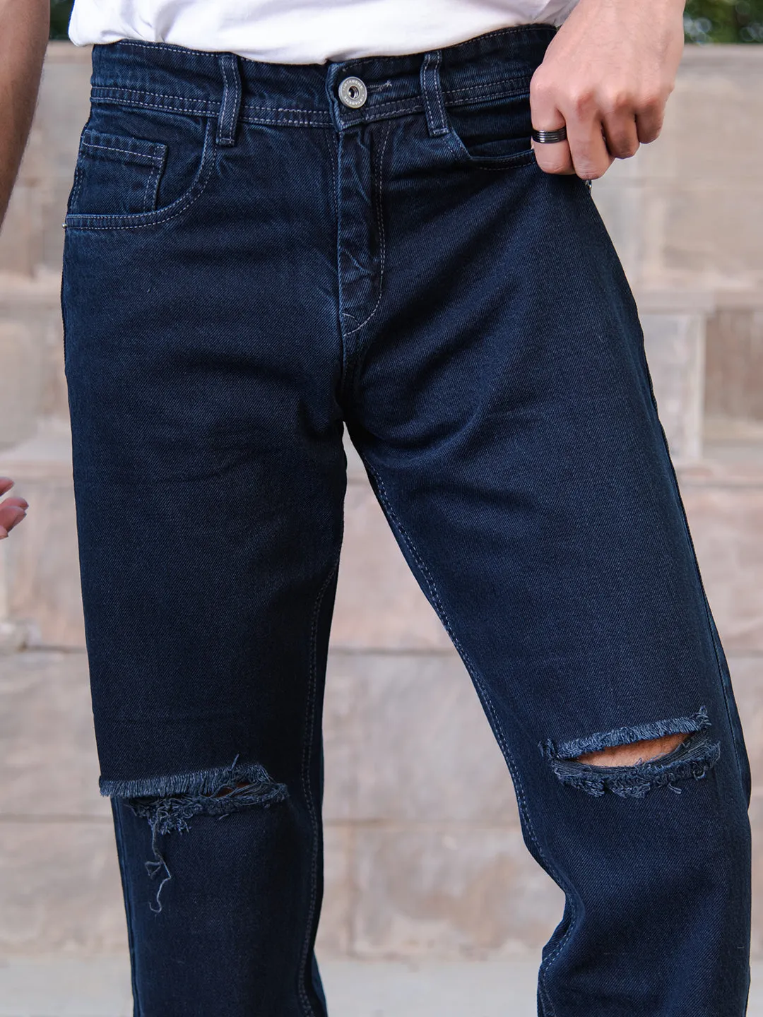 Navy Blue Knee Cut Mens Jeans