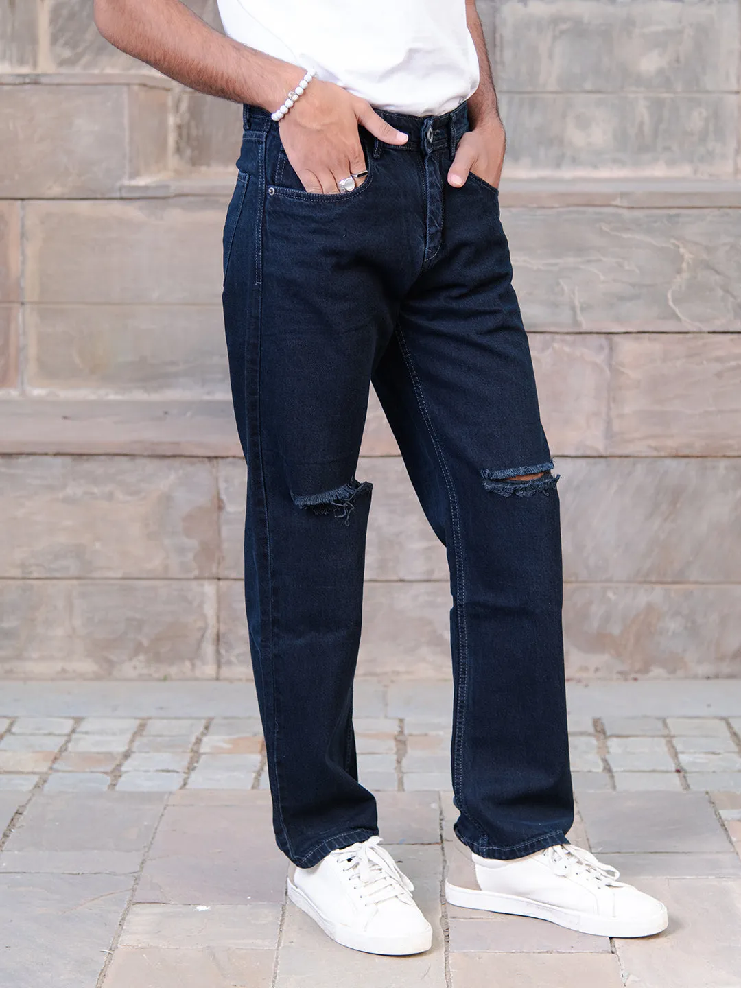 Navy Blue Knee Cut Mens Jeans