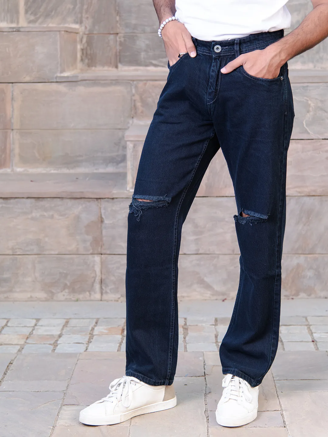 Navy Blue Knee Cut Mens Jeans