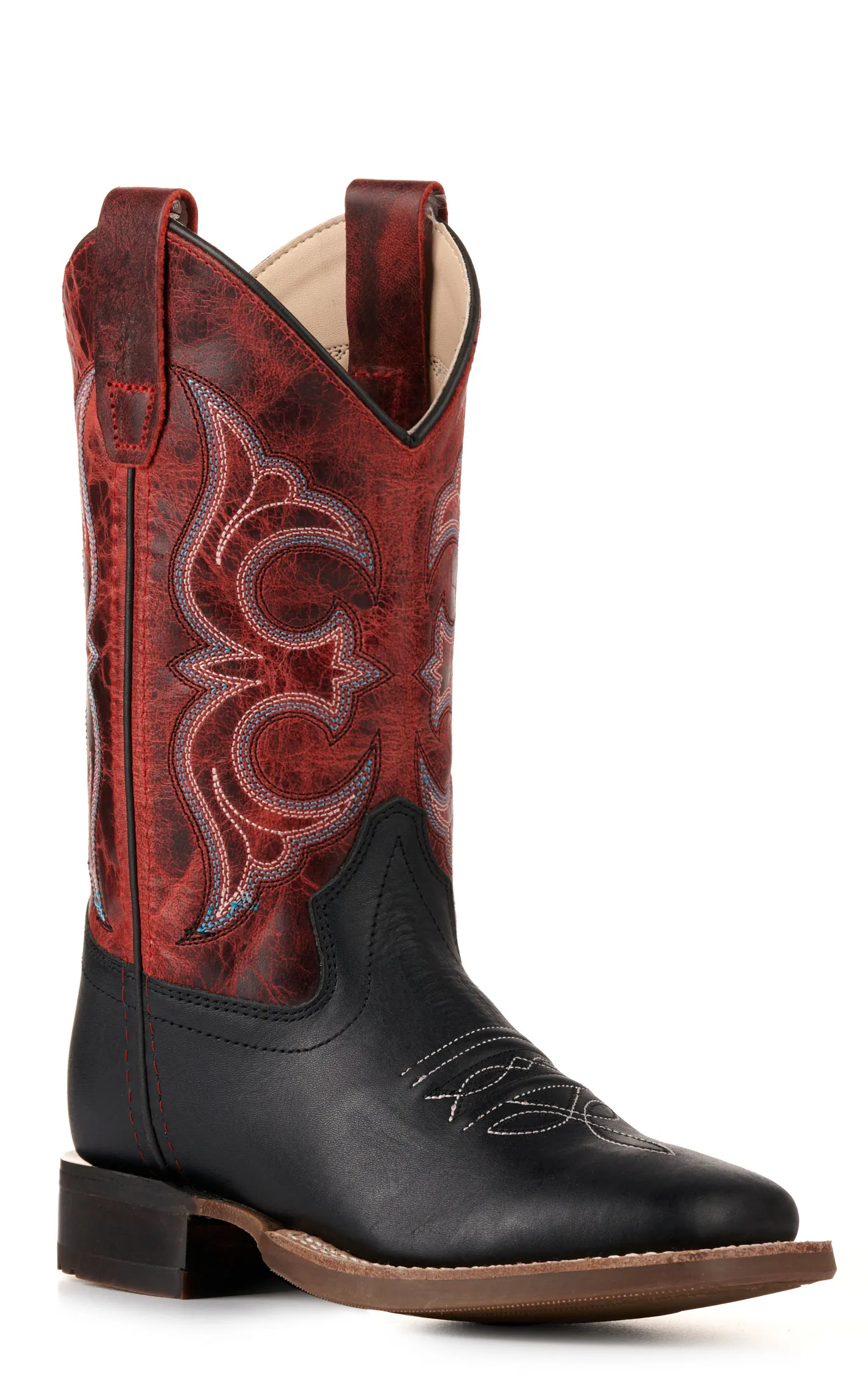 Old West Youth Black and Burnt Red Wide Square Toe Cowboy Boots