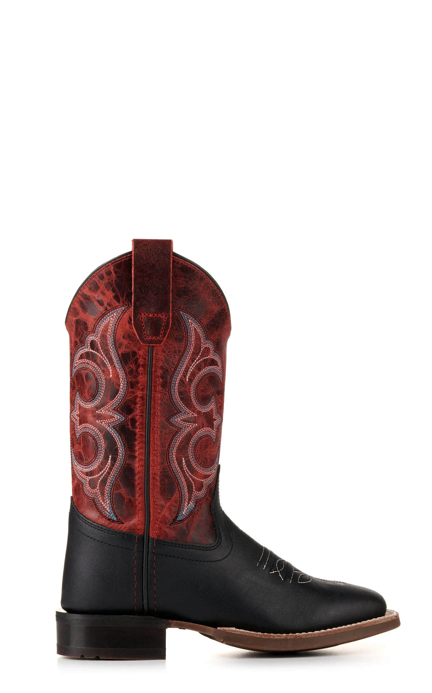 Old West Youth Black and Burnt Red Wide Square Toe Cowboy Boots