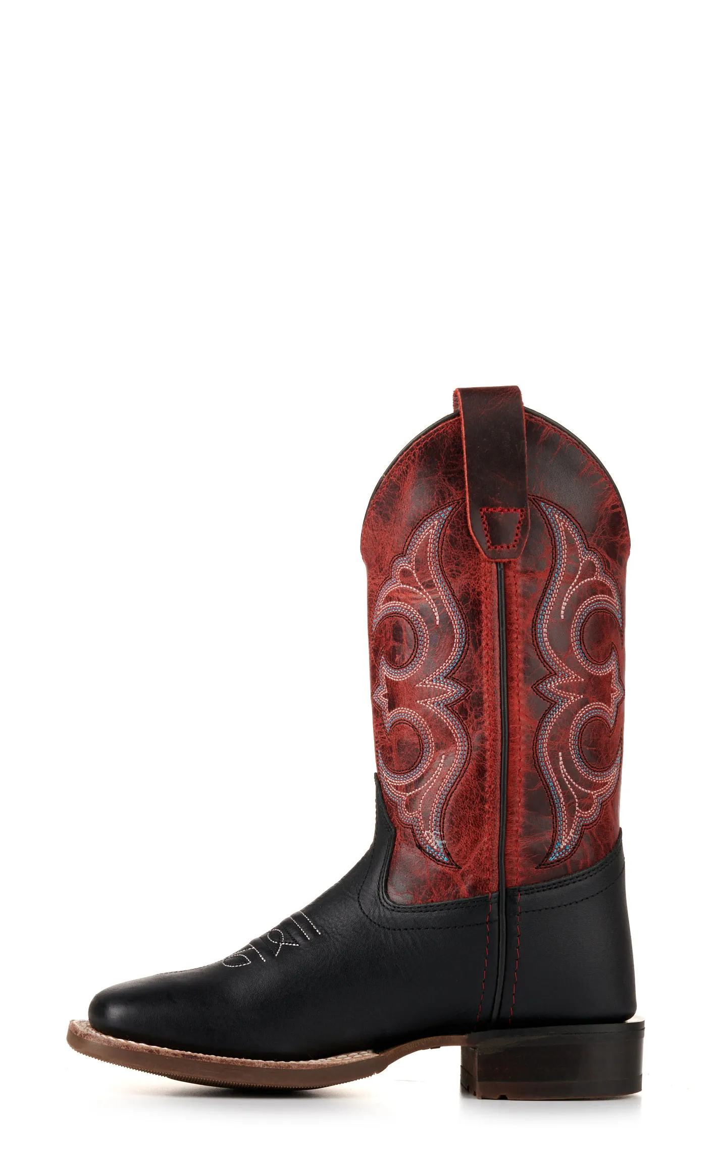 Old West Youth Black and Burnt Red Wide Square Toe Cowboy Boots