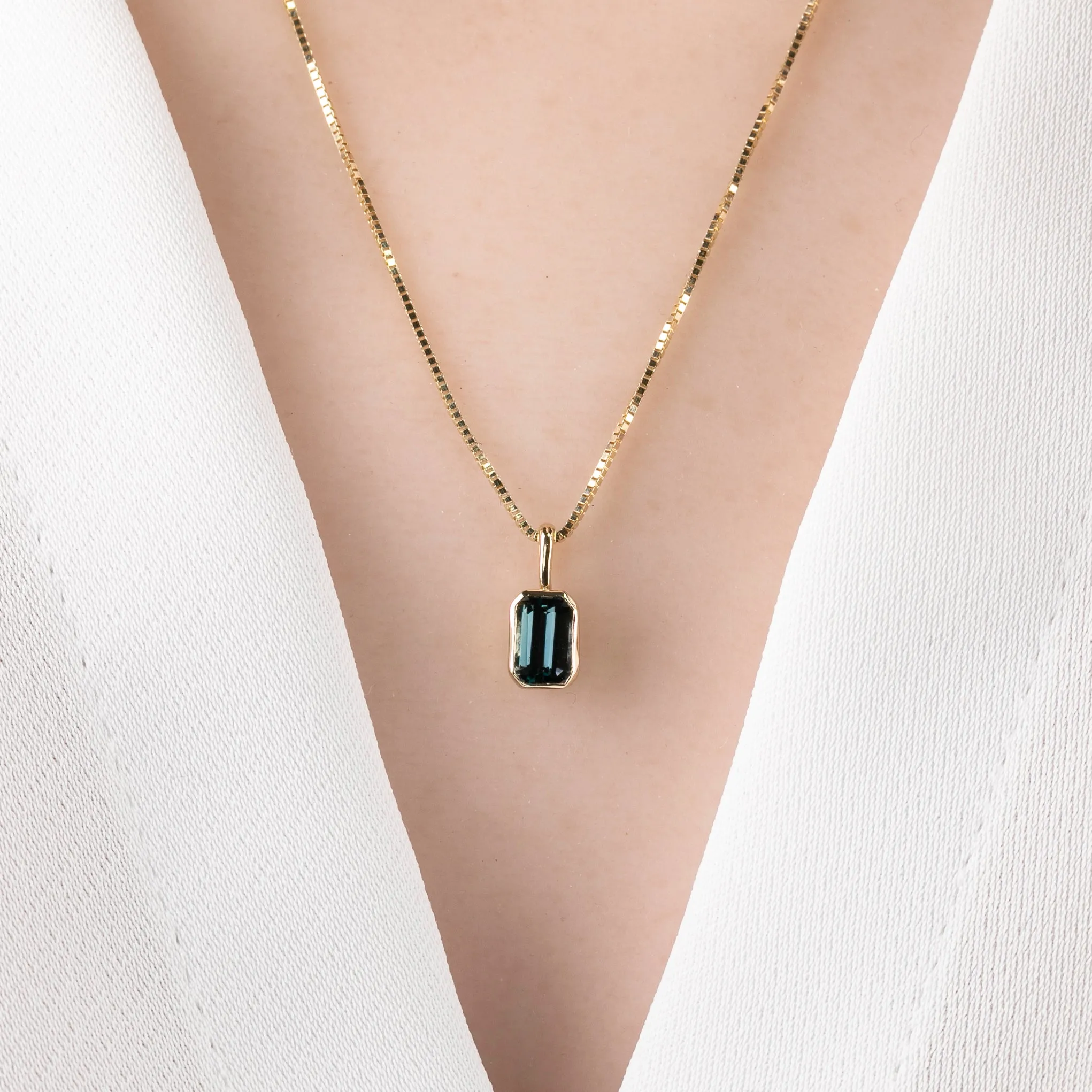 Patia Necklace Dark Teal Blue Montana Sapphire, 14K Yellow Gold (One of a kind)