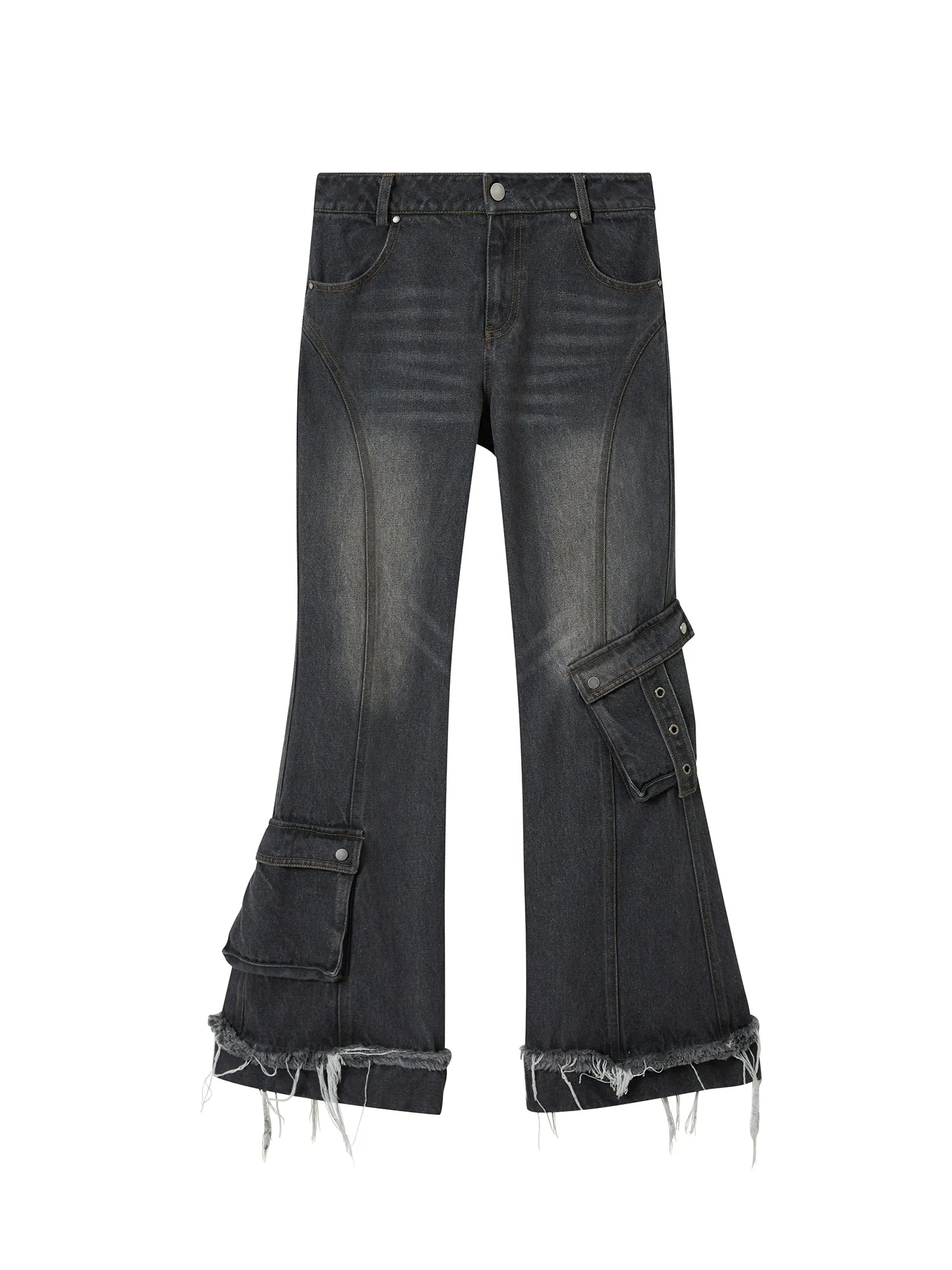 Raw Edge Flap Pocket Flare Jeans