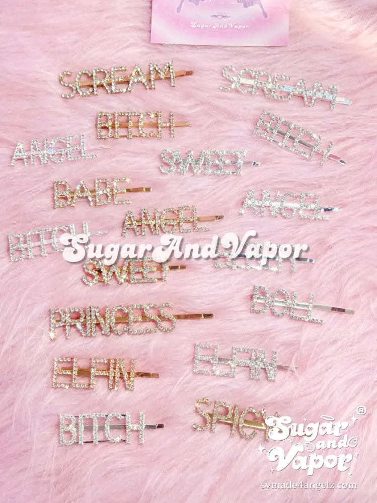 Rhinestone Statement Words Hair Pins (Drippin Glam Damn...)