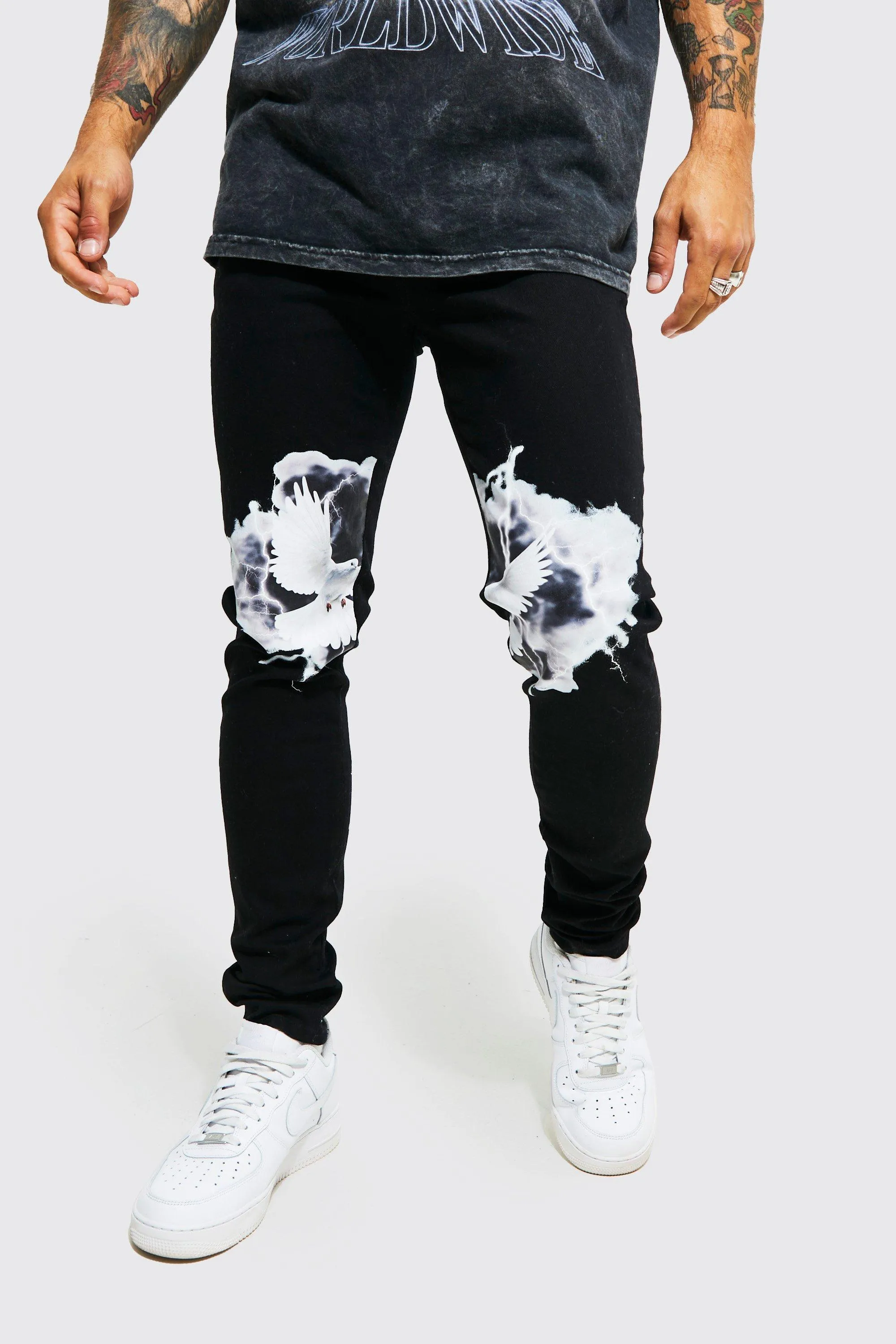 Skinny Stretch Dove Lightning Print Jeans | boohooMAN UK