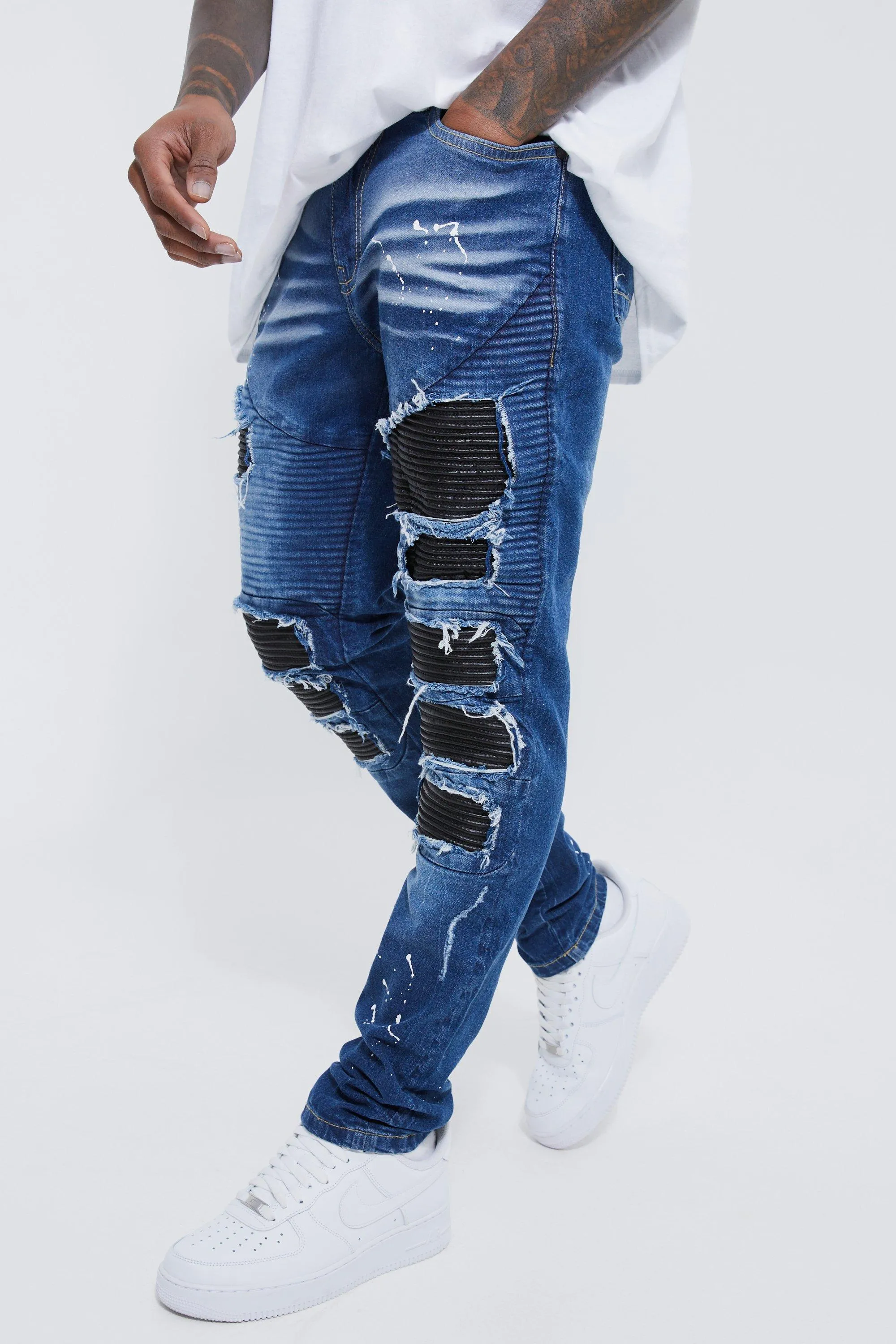 Skinny Stretch Pu Rip & Repair Biker Jeans | boohooMAN UK