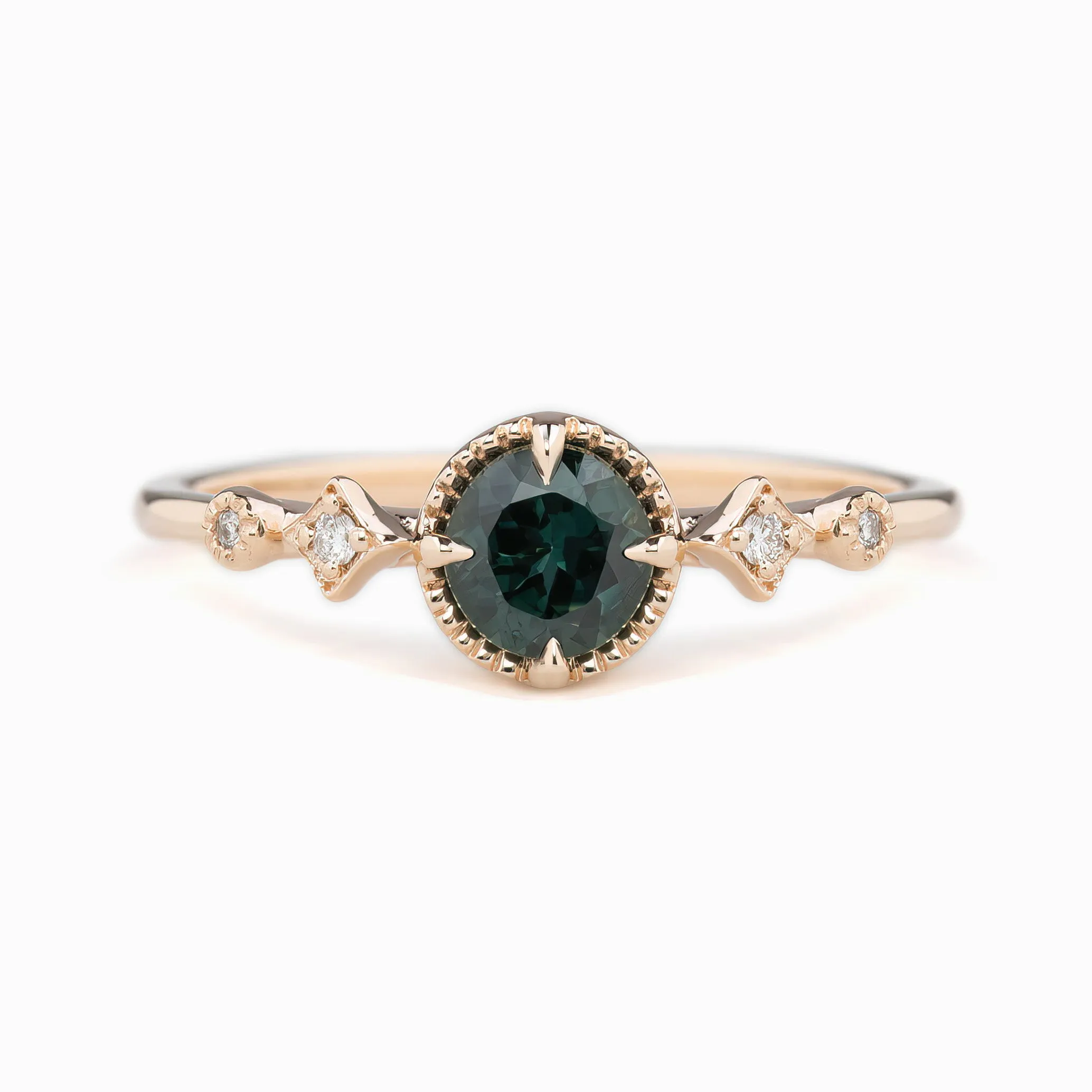 Stella Ring 5mm 0.60ct Deep teal blue Queensland Sapphire 14K Rose Gold