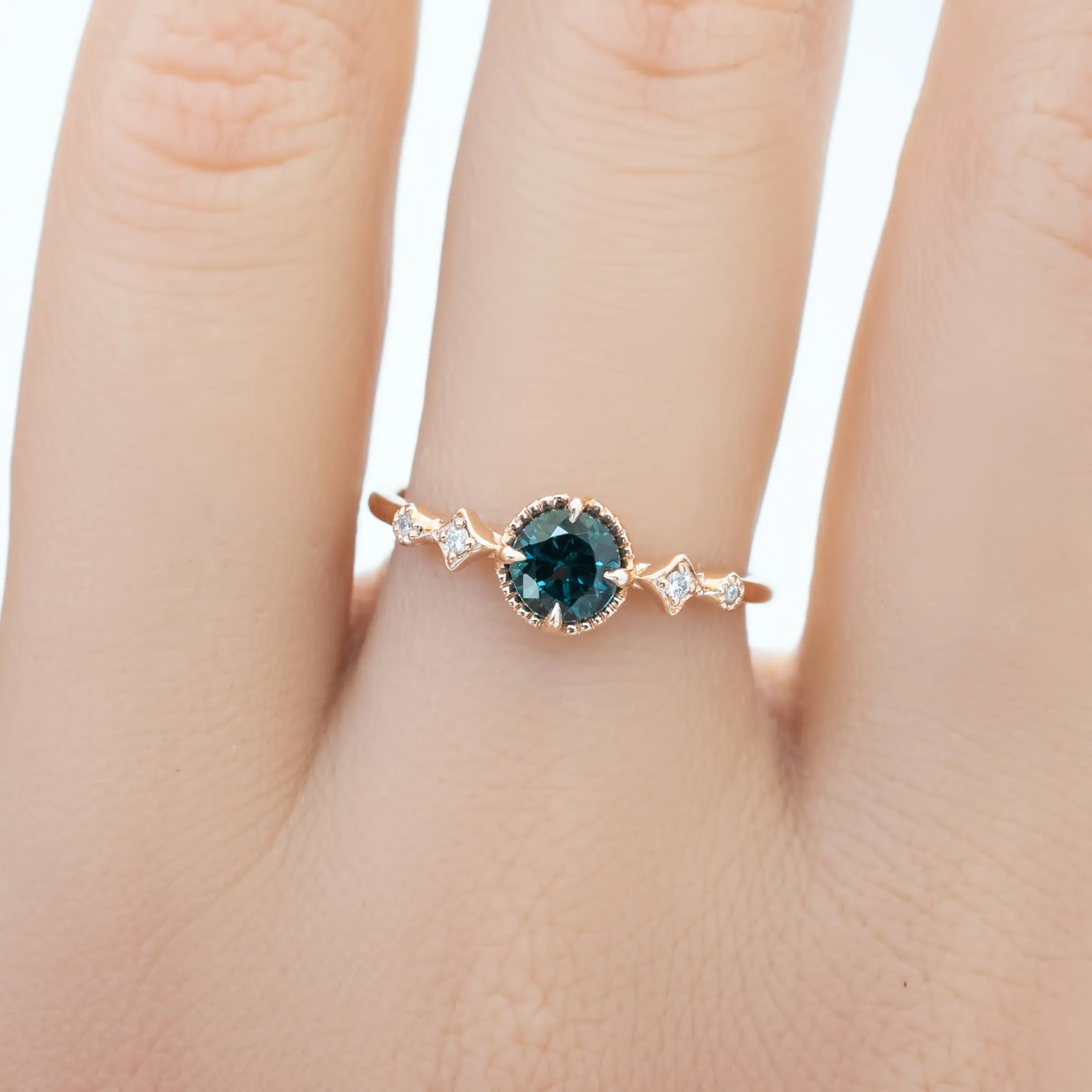 Stella Ring 5mm 0.60ct Deep teal blue Queensland Sapphire 14K Rose Gold