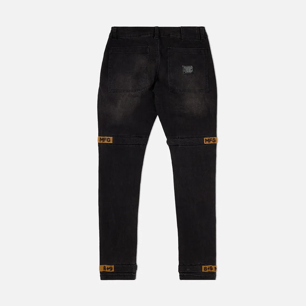 Strapped Up Slim Utility Jeans Black Denim Gold Straps