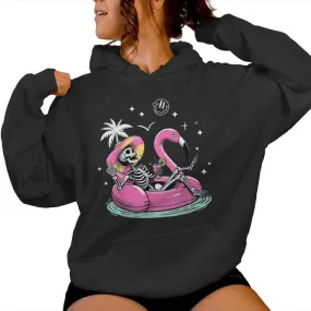 Summerween Vibes Skeleton Flamingo Float Summer Halloween Women Hoodie