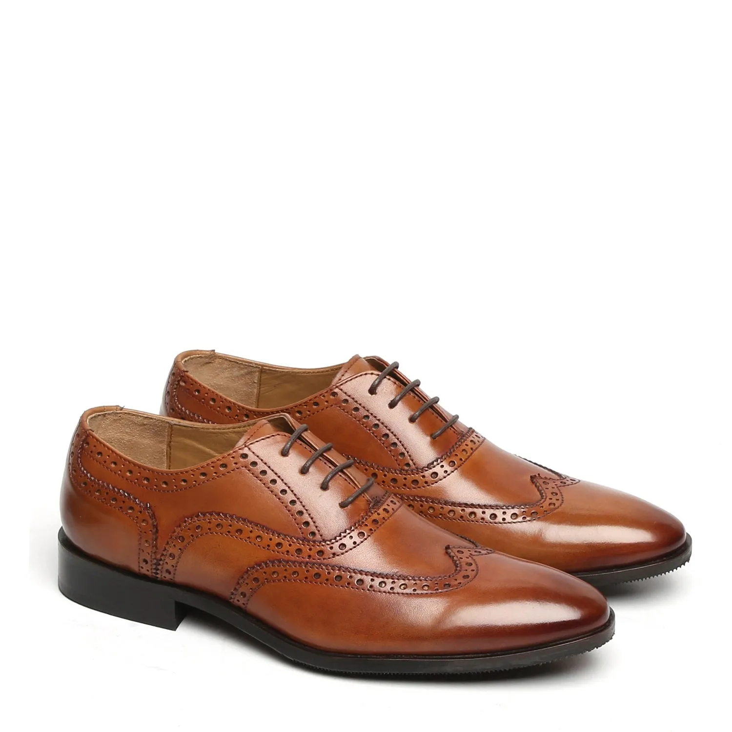 Tan Full Wingtip Brogue Oxfords Leather Shoe With Rubber Sole By BRUNE & BARESKIN